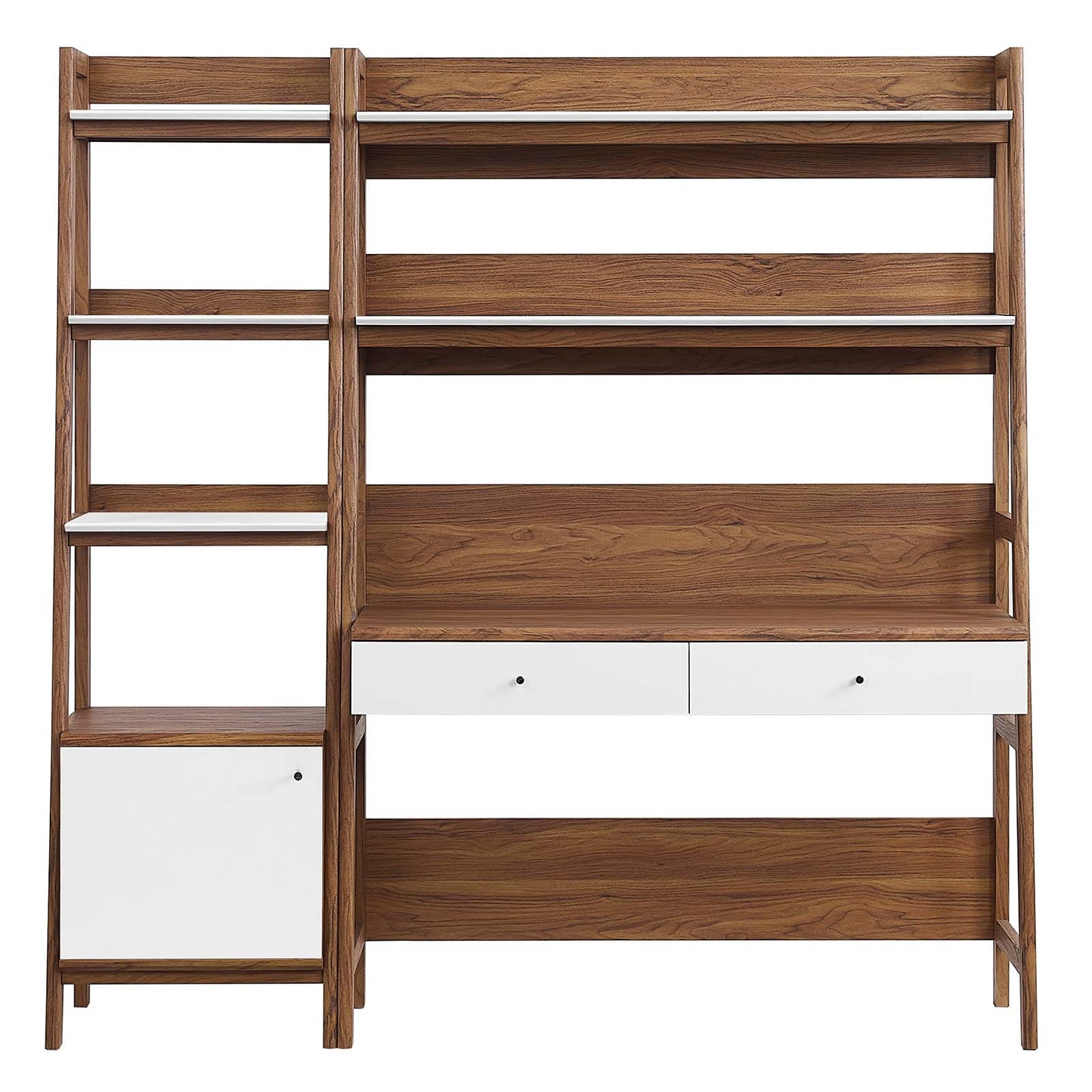 Modway 2-Piece Home Office Desk and Bookshelf Display Case in Walnut White