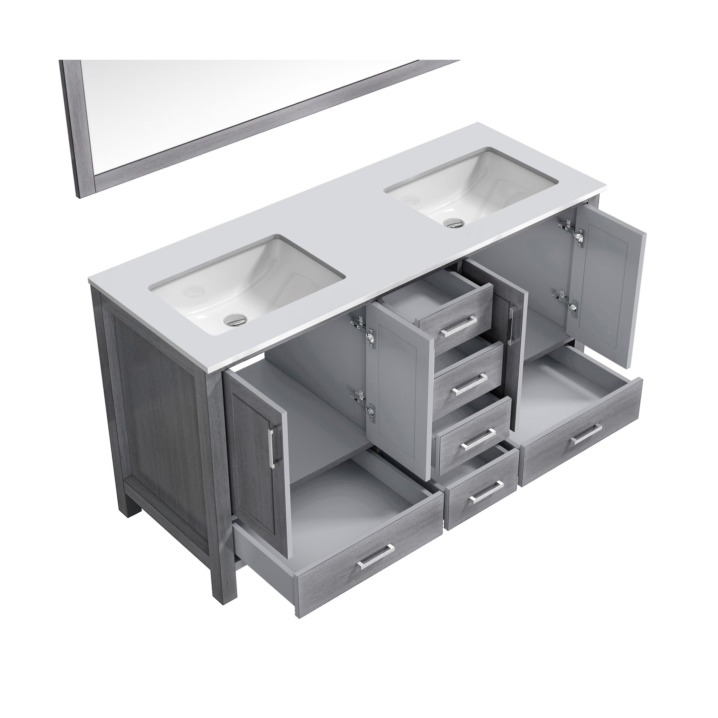 Jacques 60" Distressed Grey Double Vanity, White Quartz Top, White Square Sinks and 58" Mirror w/ Faucets