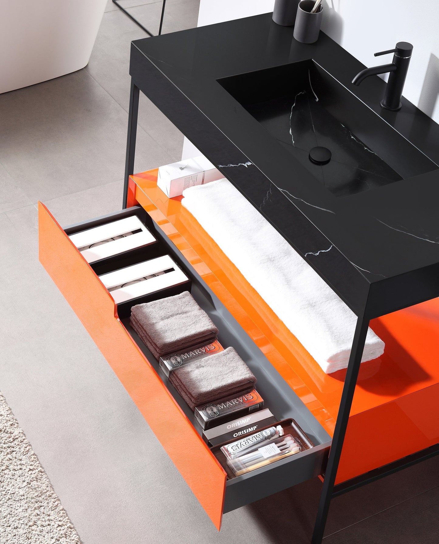 TEXEL 42” RED AMBER/BLACK INDUSTRIAL STYLE FREESTANDING BATHROOM VANITY