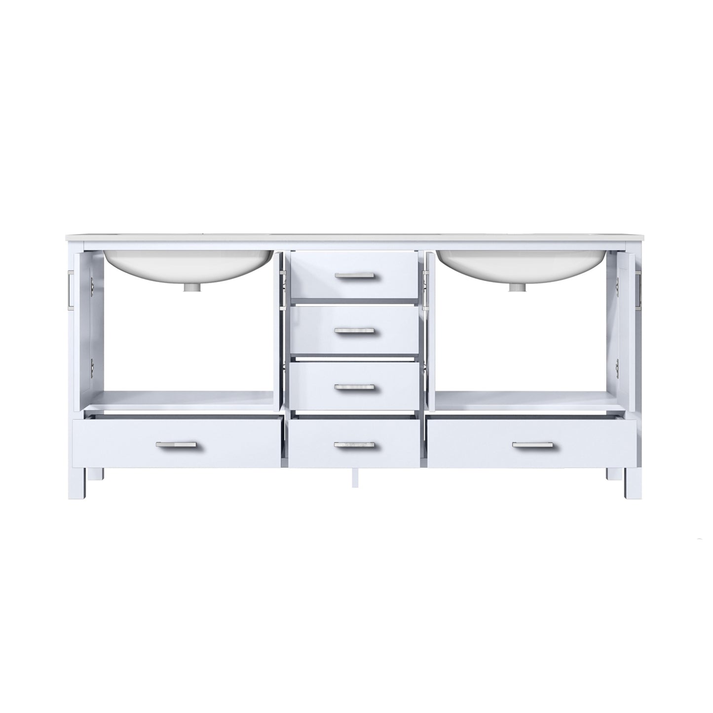 Jacques 72" White Double Vanity, White Carrara Marble Top, White Square Sinks and no Mirror