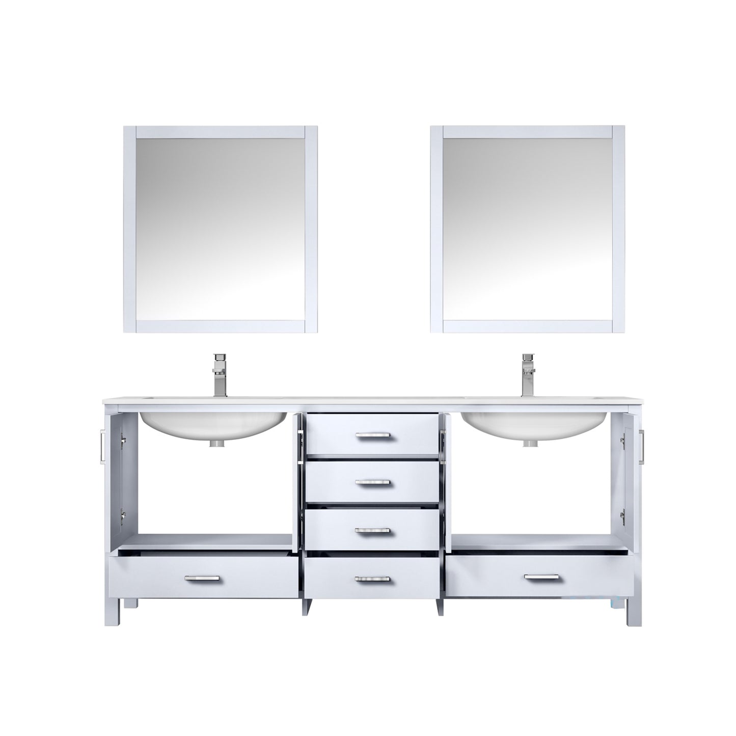Jacques 80" White Double Vanity, White Carrara Marble Top, White Square Sinks and 30" Mirrors w/ Faucets