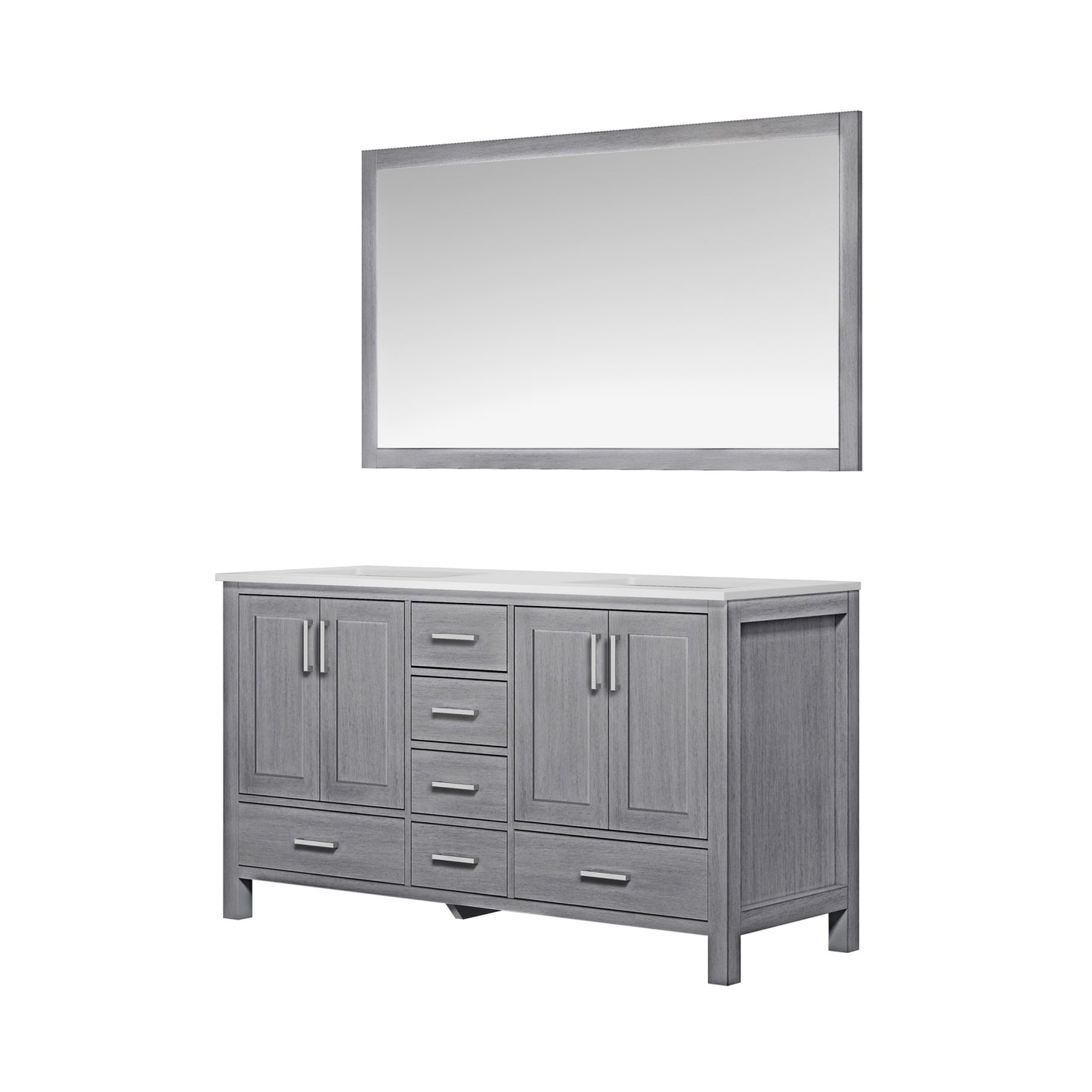Jacques 60" Distressed Grey Double Vanity, White Quartz Top, White Square Sinks and 58" Mirror w/ Faucets