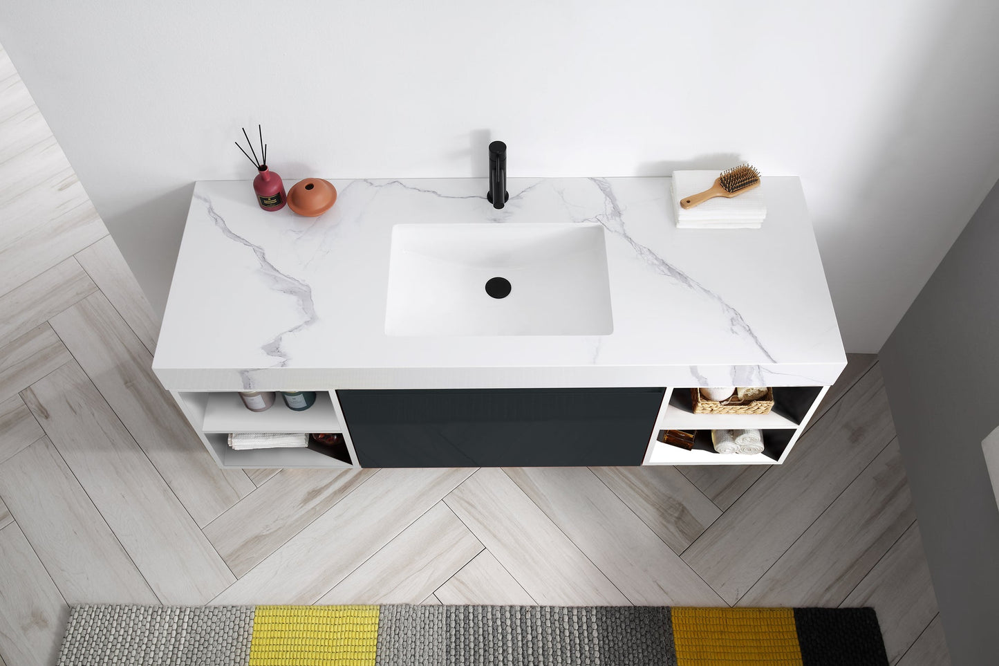 MANAROLA 60” MATTE BLACK WITH THICK QUARTZ WALL MOUNT MODERN BATHROOM VANITY (OPEN SHELVES)