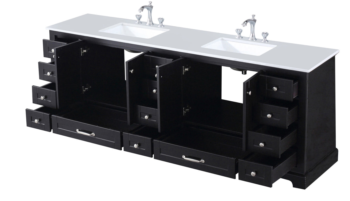 Dukes 84" Espresso Double Vanity, White Quartz Top, White Square Sinks and no Mirror