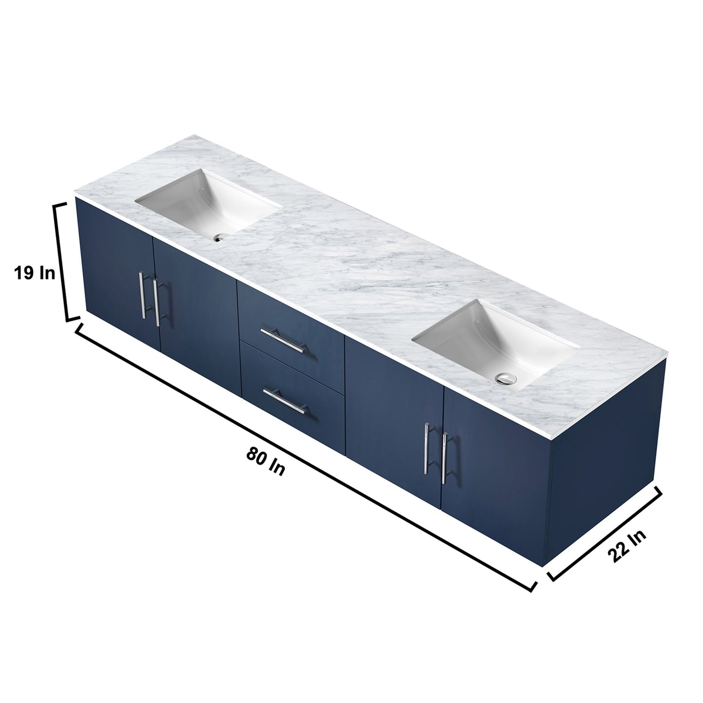 Geneva 80" Navy Blue Double Vanity, White Carrara Marble Top, White Square Sinks and no Mirror