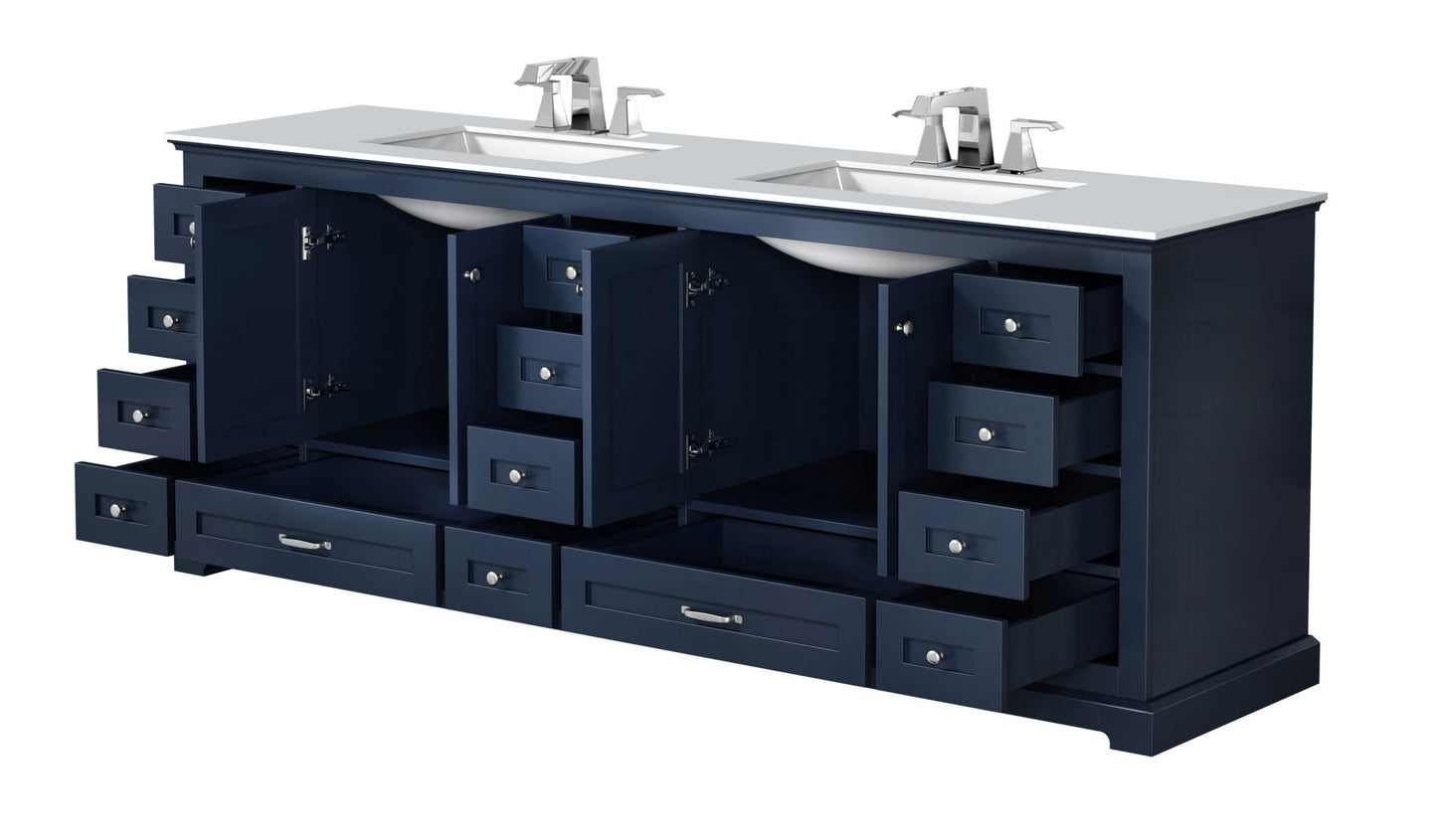 Dukes 84" Navy Blue Double Vanity, White Quartz Top, White Square Sinks and no Mirror