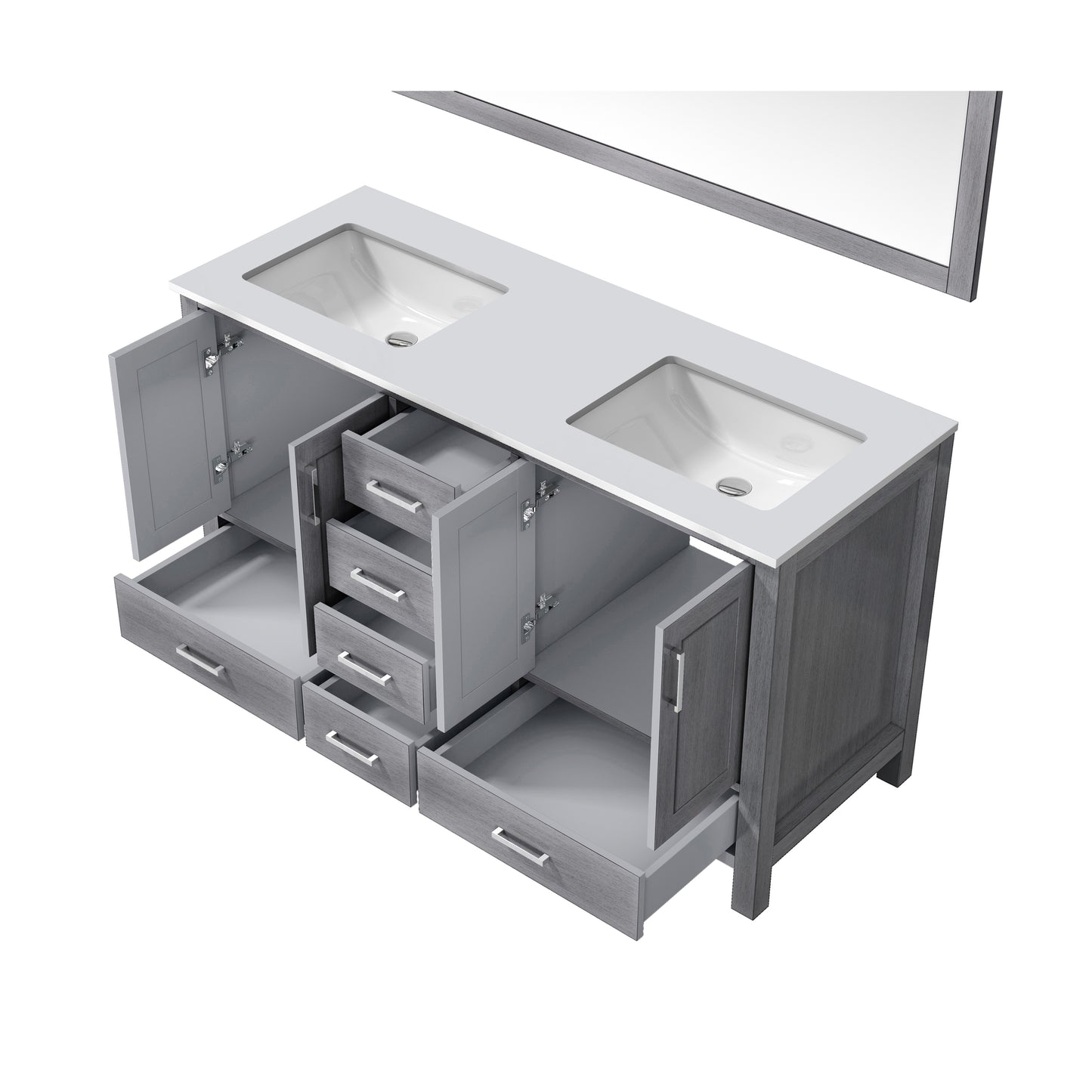 Jacques 60" Distressed Grey Double Vanity, White Quartz Top, White Square Sinks and 58" Mirror w/ Faucets