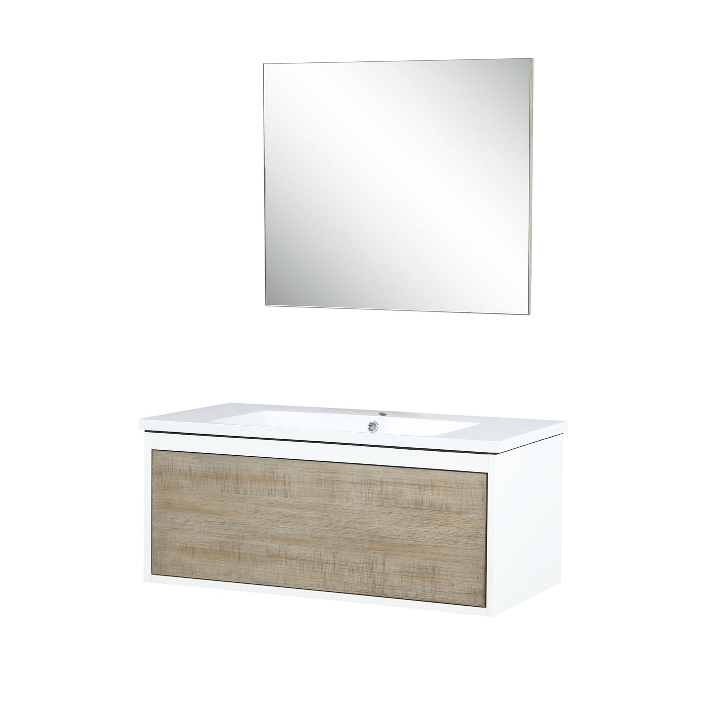 Scopi 36" Rustic Acacia Bathroom Vanity, Acrylic Composite Top with Integrated Sink, and 28" Frameless Mirror