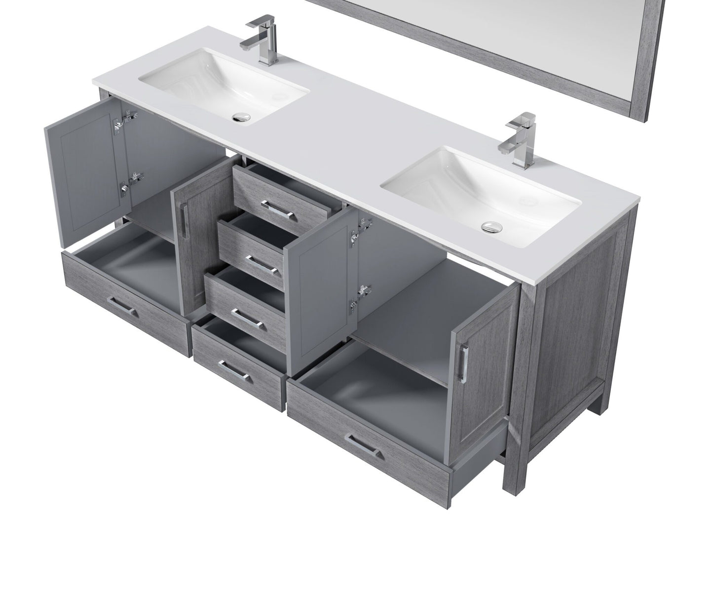 Jacques 72" Distressed Grey Double Vanity, White Quartz Top, White Square Sinks and no Mirror