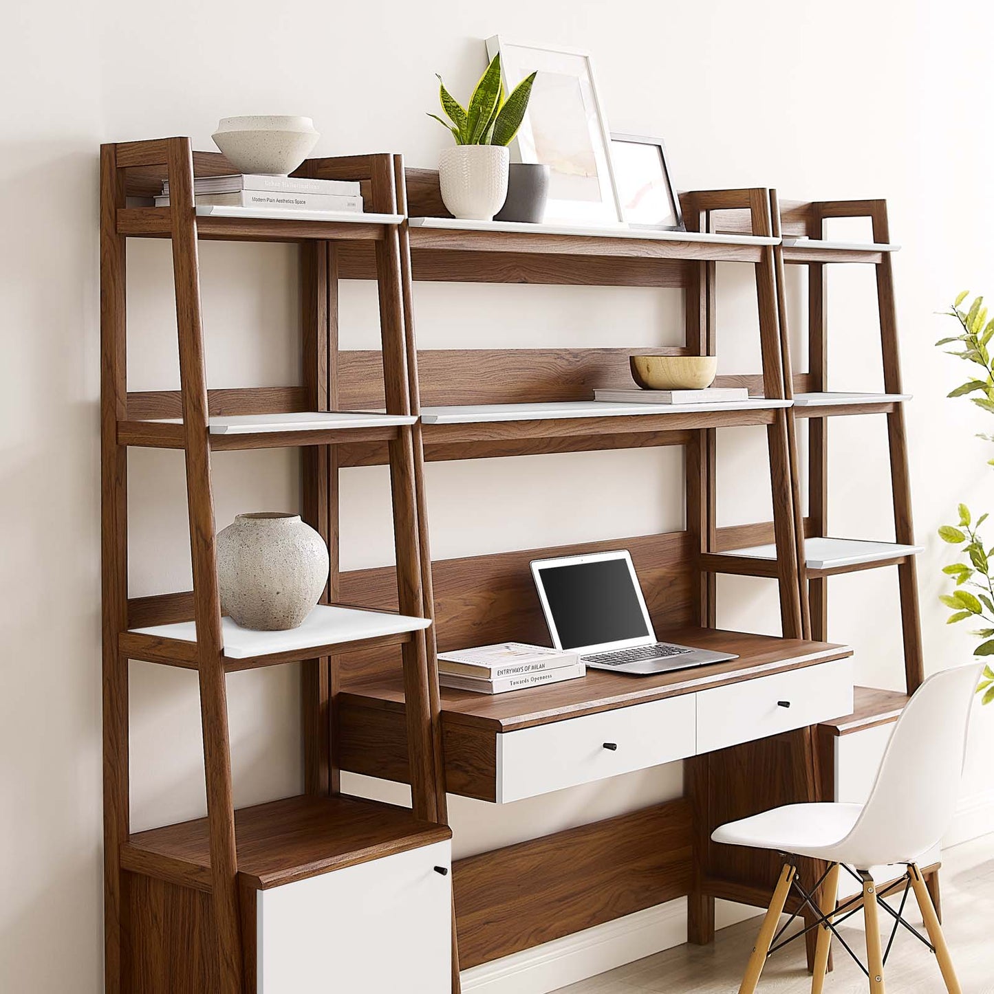 Modway 3-Piece Home Office Desk and Bookshelf Display Case in Walnut White