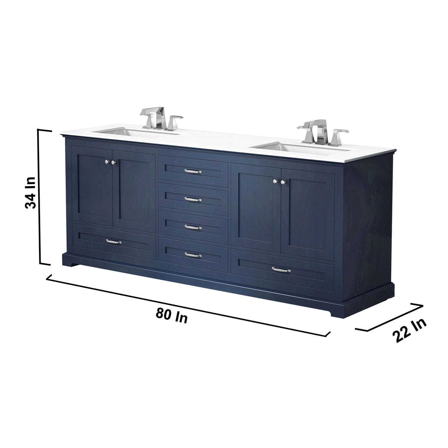Dukes 80" Navy Blue Double Vanity, White Quartz Top, White Square Sinks and 30" Mirrors w/ Faucets