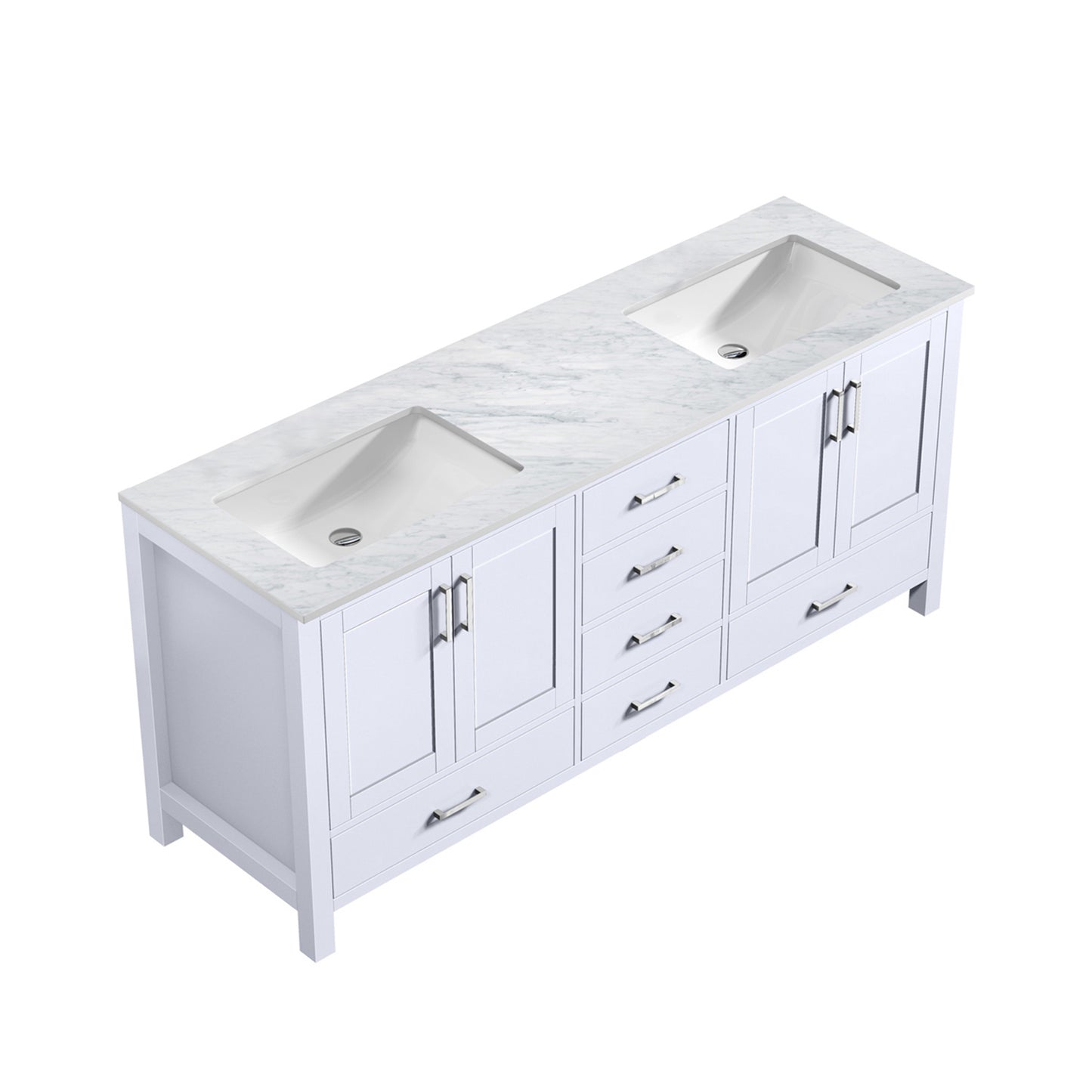 Jacques 72" White Double Vanity, White Carrara Marble Top, White Square Sinks and no Mirror