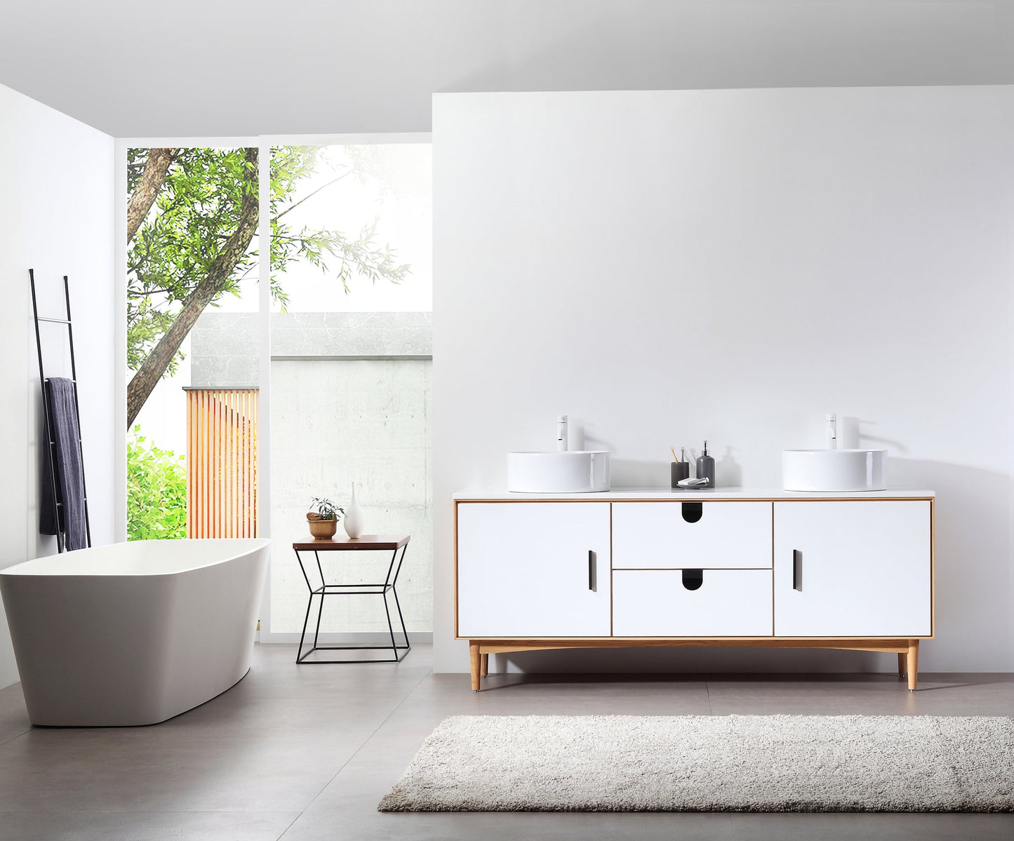 PORTREE 72” MATTE WHITE MID-CENTURY FREESTANDING BATHROOM VANITY