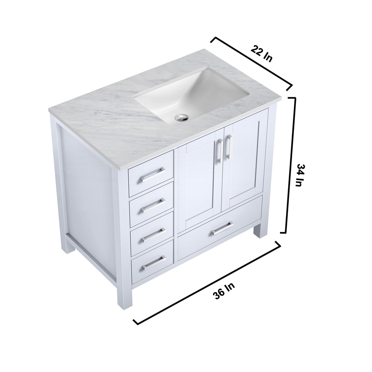 Jacques 36" White Single Vanity, Carrara Marble Top, White Square Sink and no Mirror - Right Version