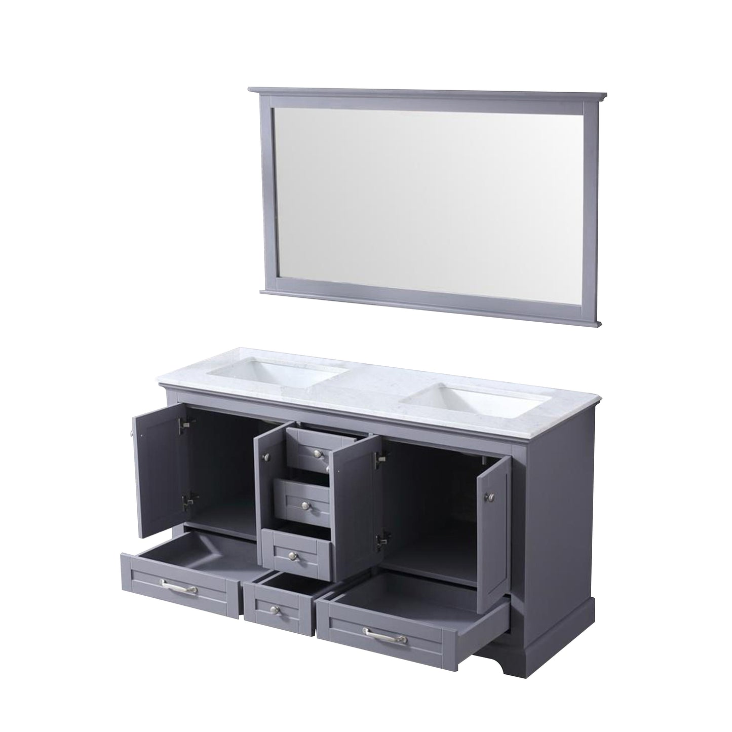 Dukes 60" Dark Grey Double Vanity, White Carrara Marble Top, White Square Sinks and 58" Mirror