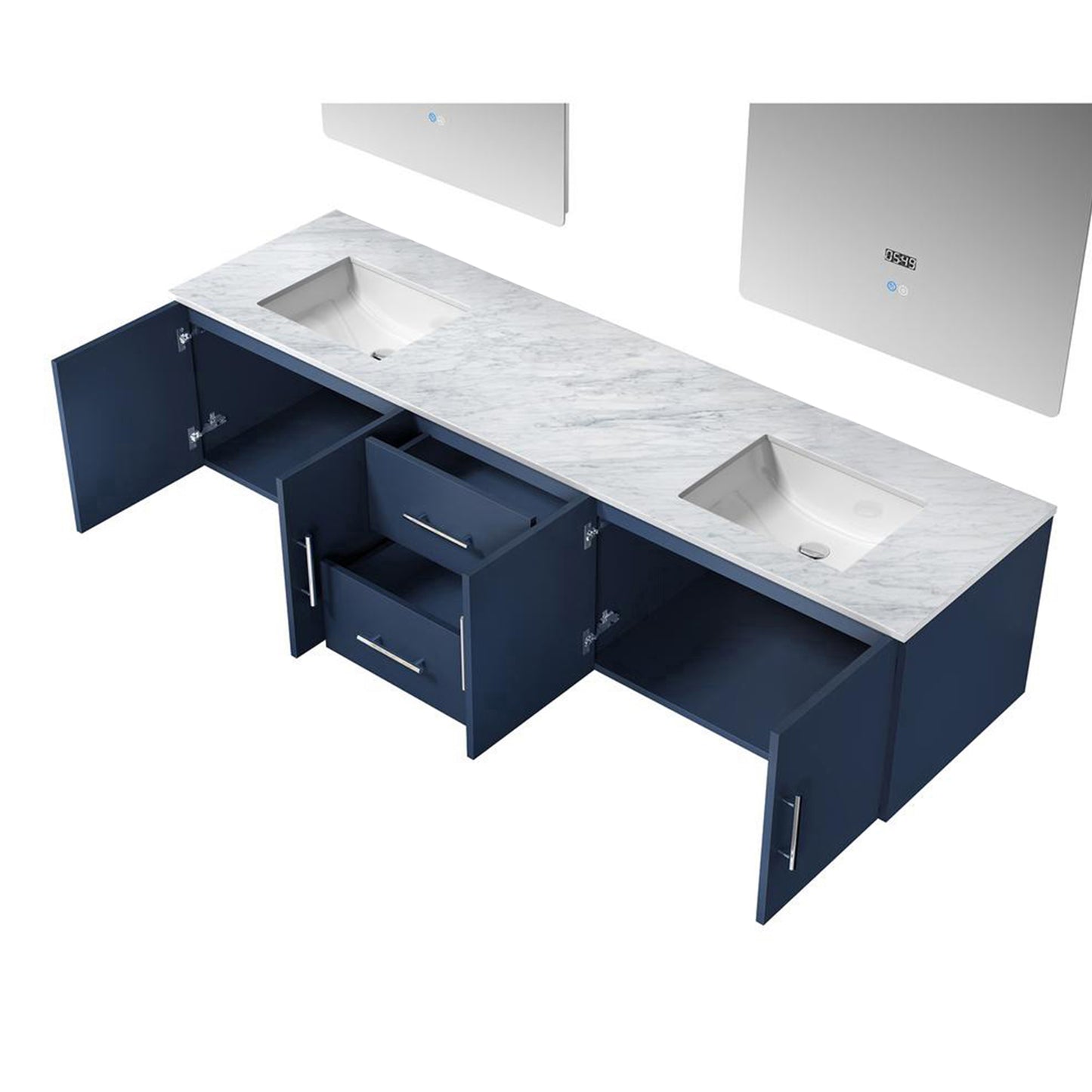Geneva 80" Navy Blue Double Vanity, White Carrara Marble Top, White Square Sinks and 30" LED Mirrors
