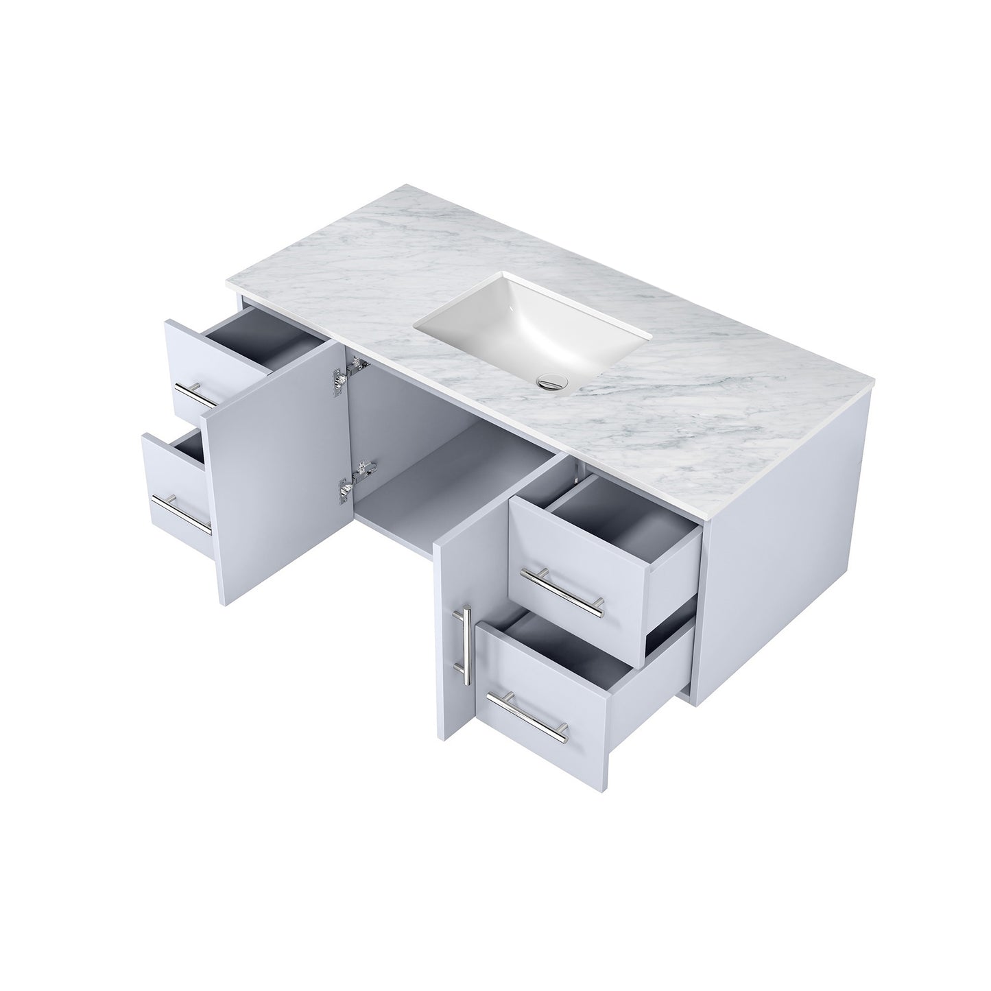 Geneva 48" Glossy White Single Vanity, White Carrara Marble Top, White Square Sink and no Mirror