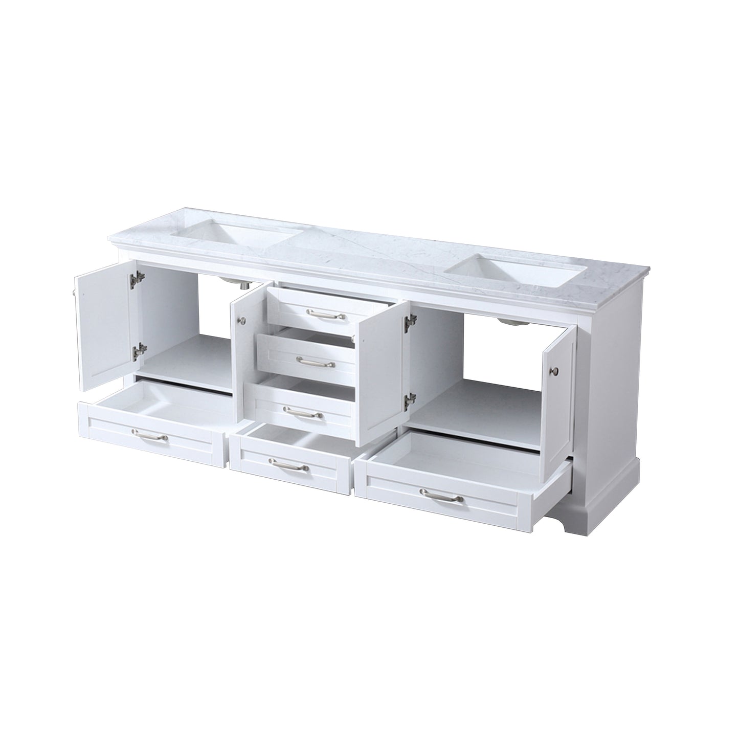 Dukes 80" White Double Vanity, White Carrara Marble Top, White Square Sinks and no Mirror