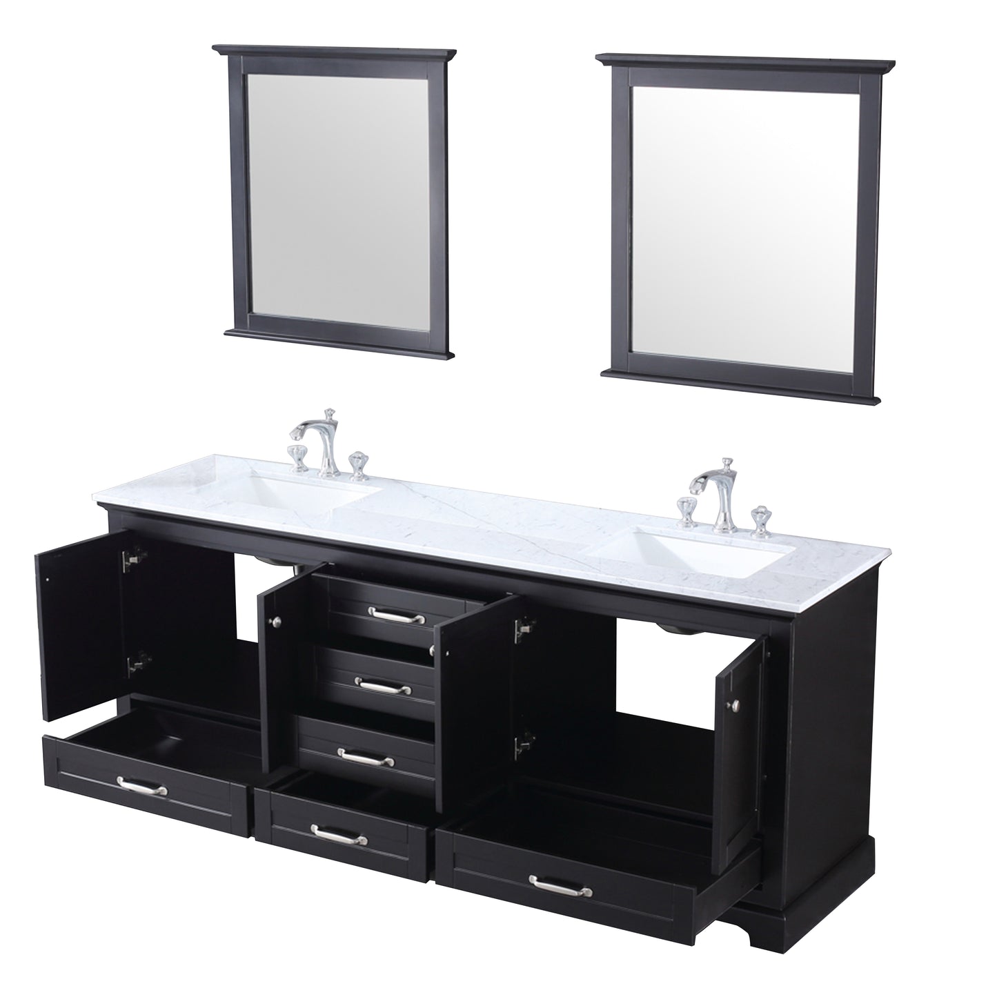 Dukes 80" Espresso Double Vanity, White Carrara Marble Top, White Square Sinks and 30" Mirrors w/ Faucets