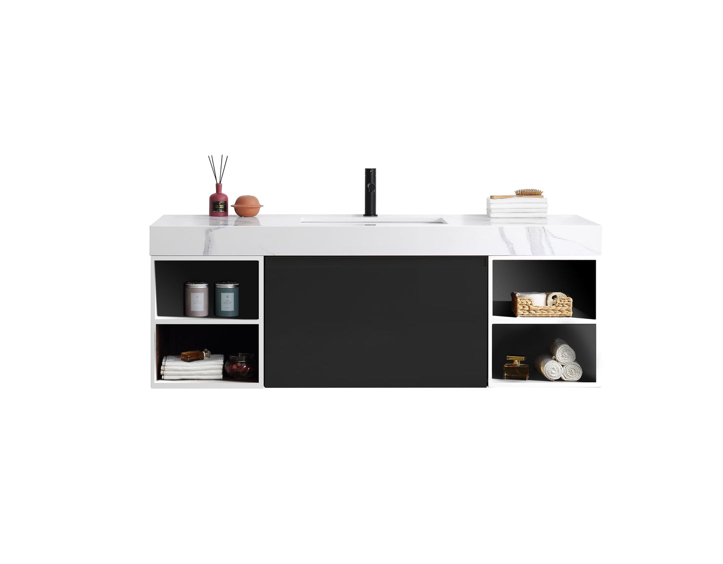 MANAROLA 60” MATTE BLACK WITH THICK QUARTZ WALL MOUNT MODERN BATHROOM VANITY (OPEN SHELVES)