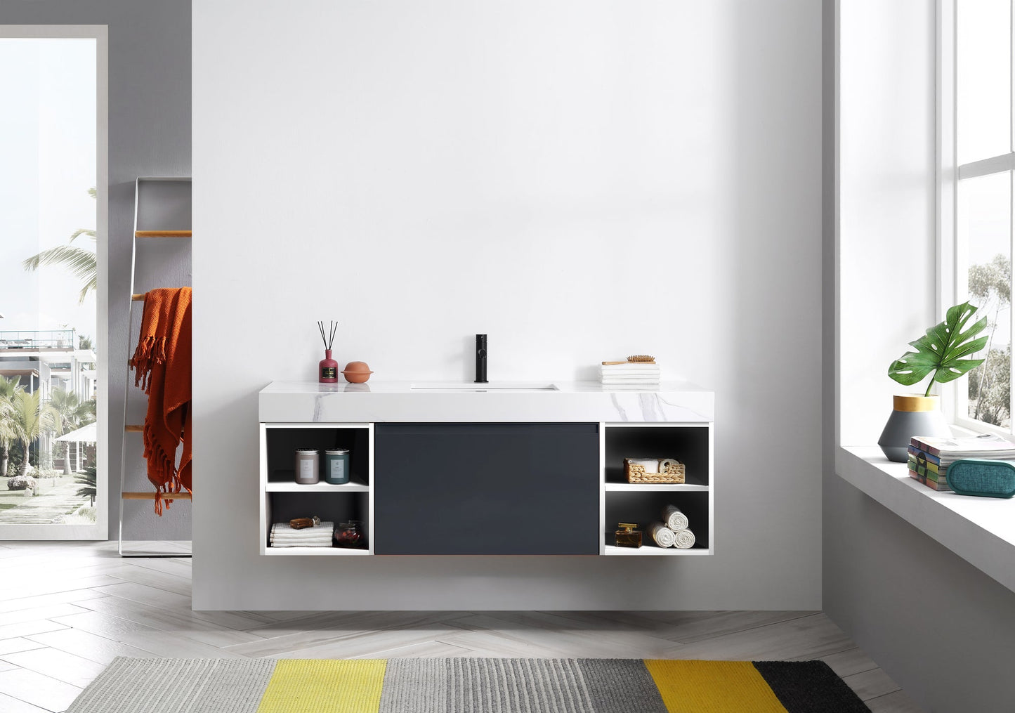 MANAROLA 60” MATTE BLACK WITH THICK QUARTZ WALL MOUNT MODERN BATHROOM VANITY (OPEN SHELVES)