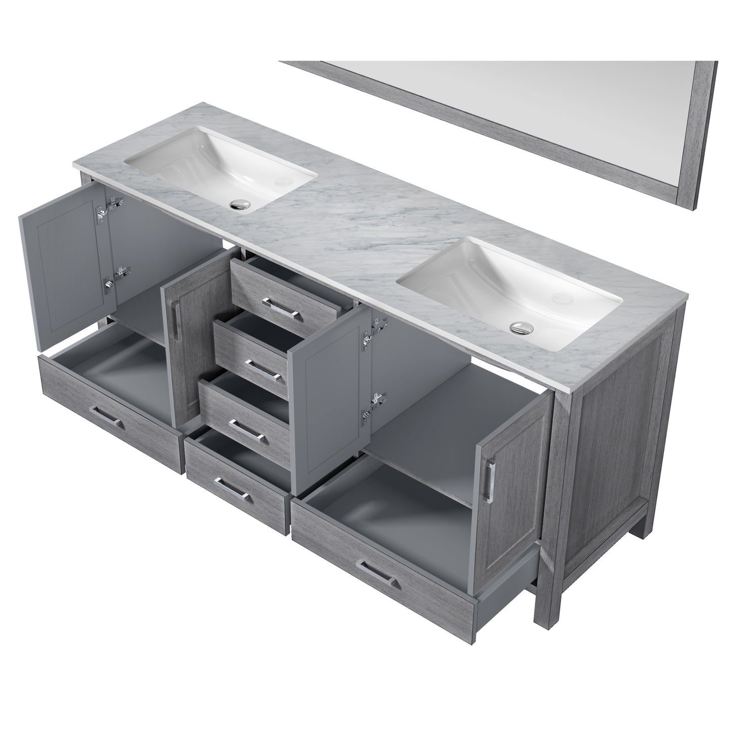 Jacques 72" Distressed Grey Double Vanity, White Carrara Marble Top, White Square Sinks and 70" Mirror