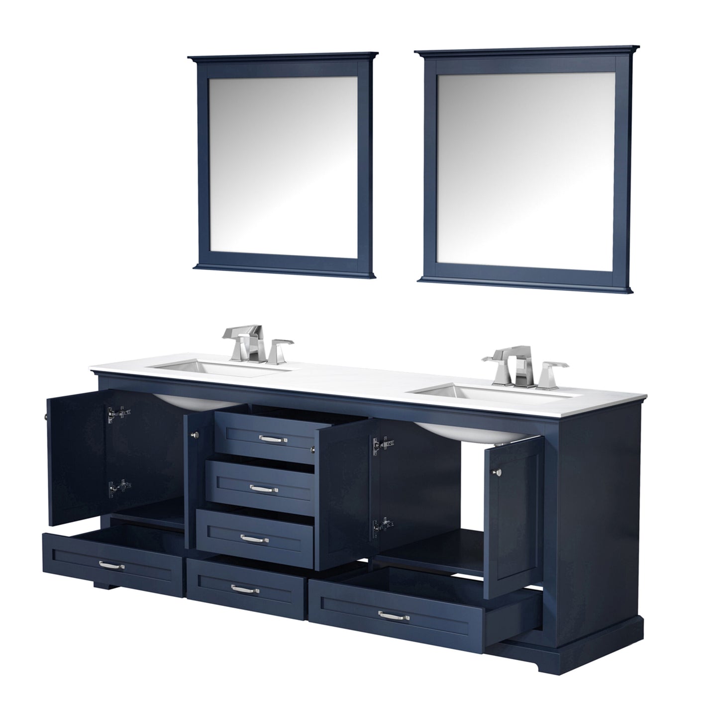 Dukes 80" Navy Blue Double Vanity, White Quartz Top, White Square Sinks and 30" Mirrors w/ Faucets