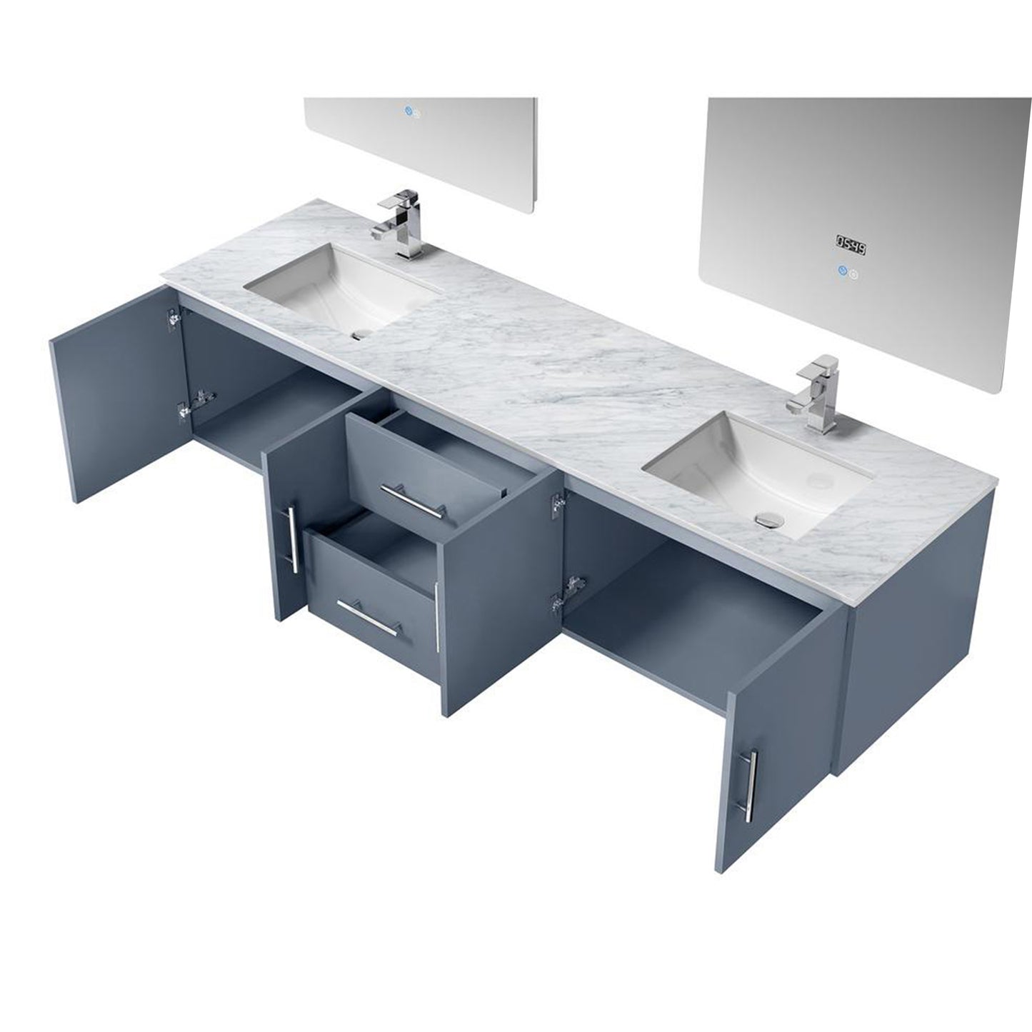 Geneva 80" Dark Grey Double Vanity, White Carrara Marble Top, White Square Sinks and 30" LED Mirrors w/ Faucets