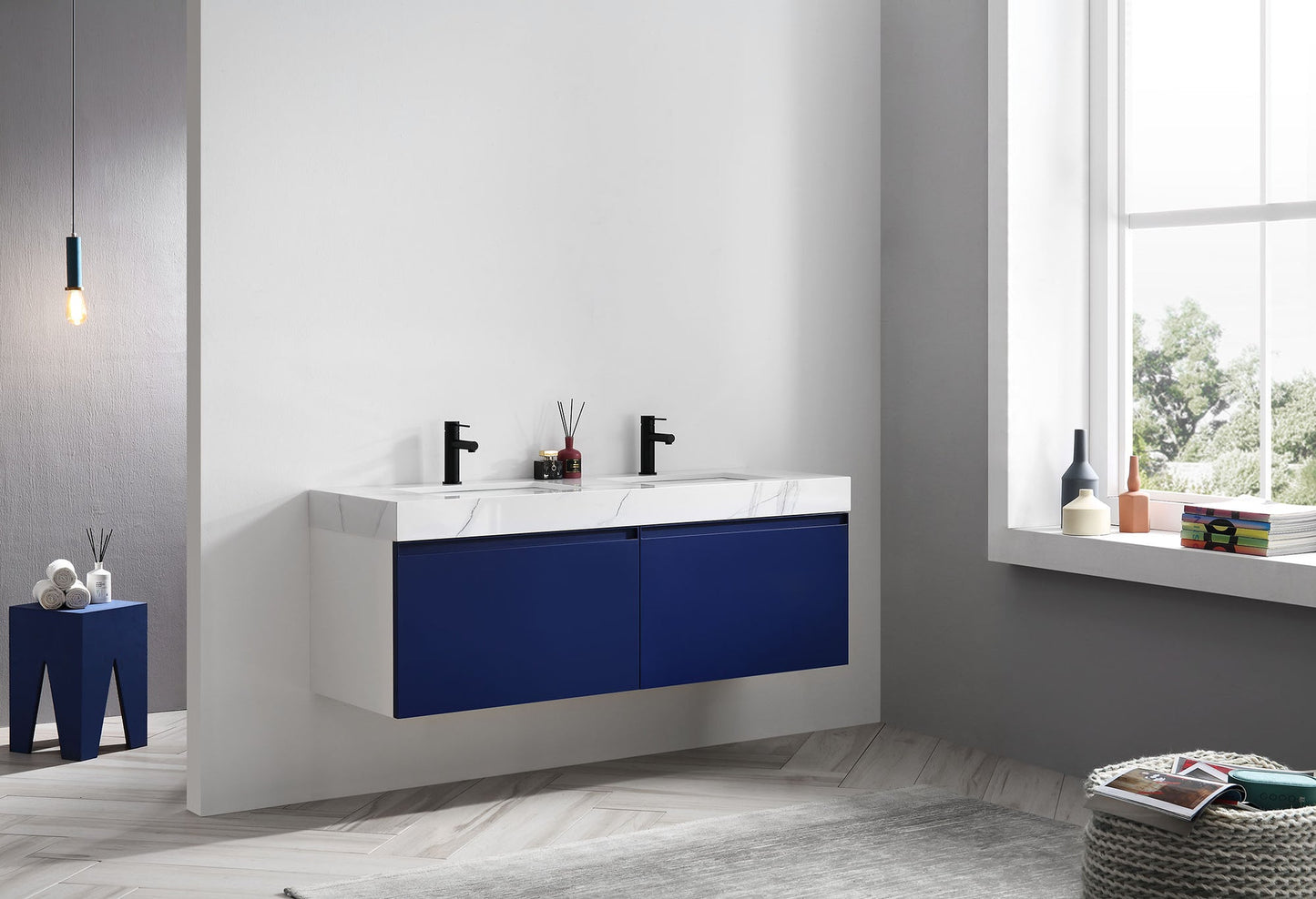 MANAROLA 60” NAVY BLUE WITH THICK QUARTZ WALL MOUNT MODERN BATHROOM VANITY