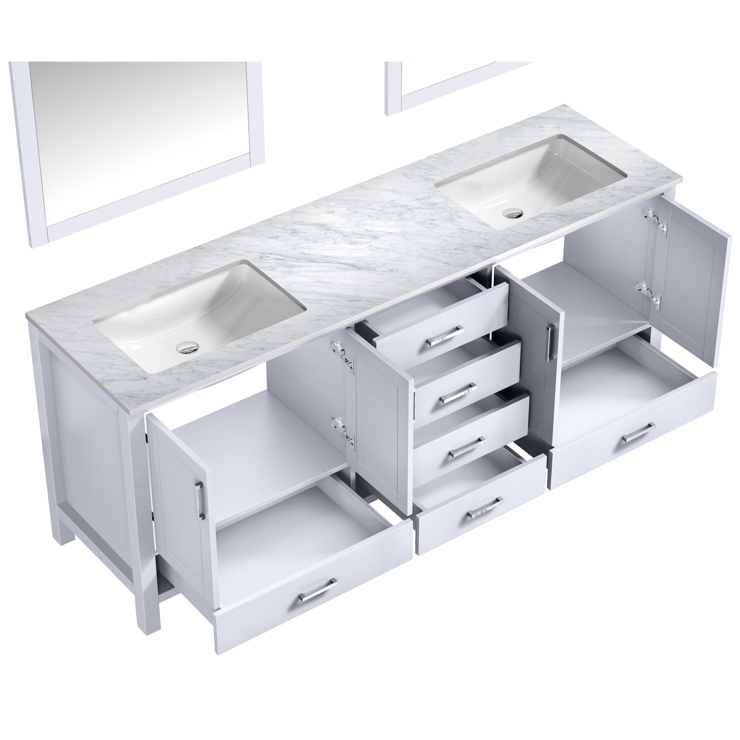 Jacques 80" White Double Vanity, White Carrara Marble Top, White Square Sinks and 30" Mirrors