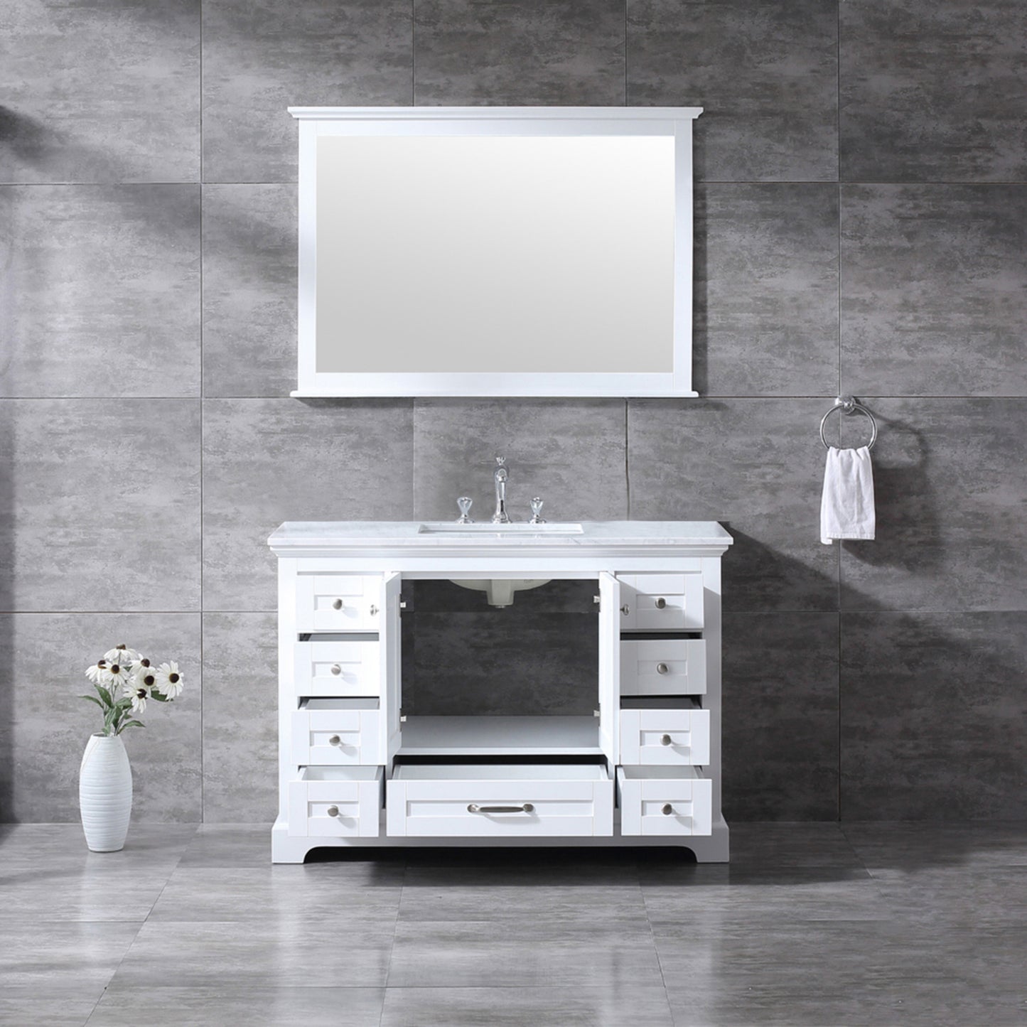 Dukes 48" White Single Vanity, White Carrara Marble Top, White Square Sink and 46" Mirror w/ Faucet