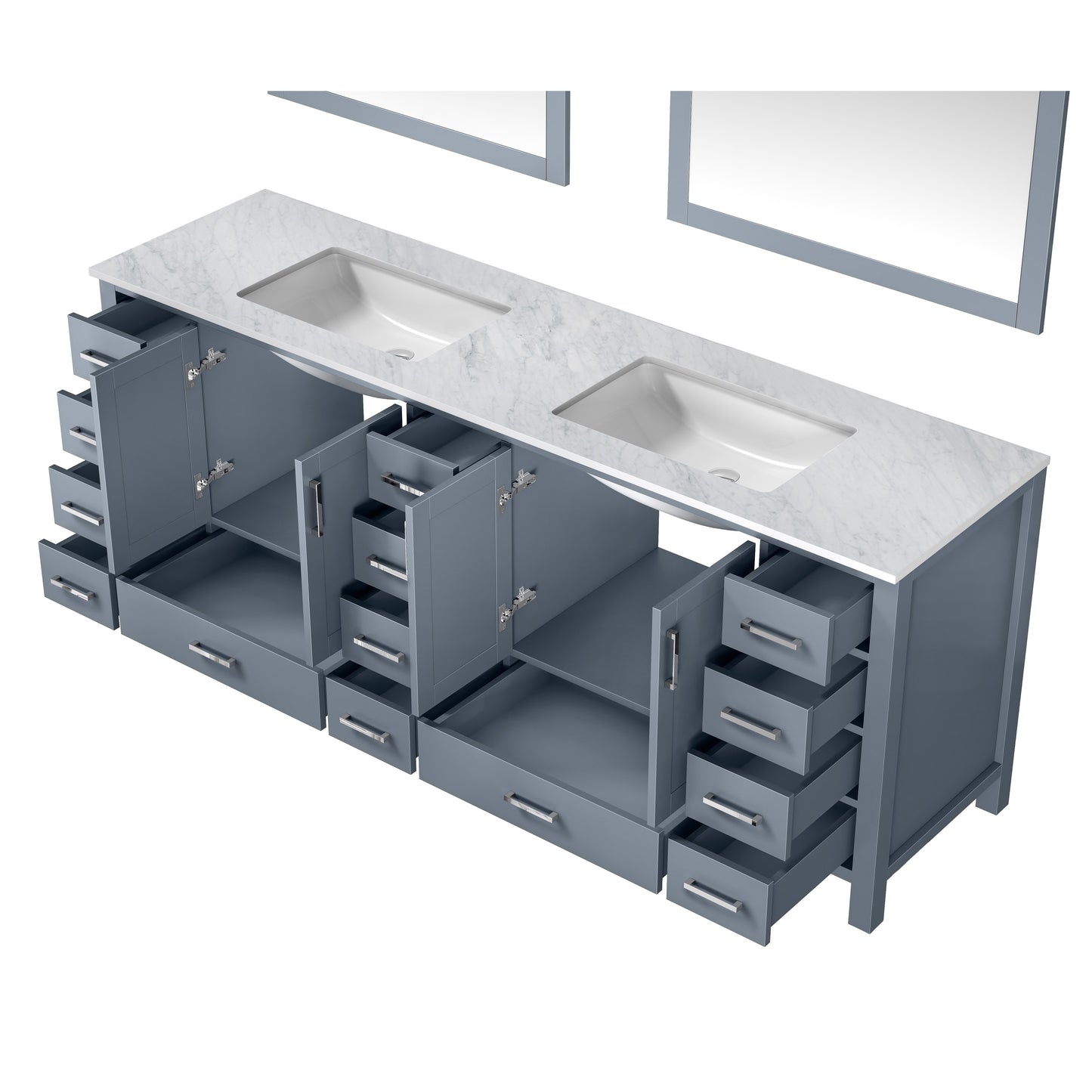Jacques 84" Dark Grey Double Vanity, White Carrara Marble Top, White Square Sinks and 34" Mirrors