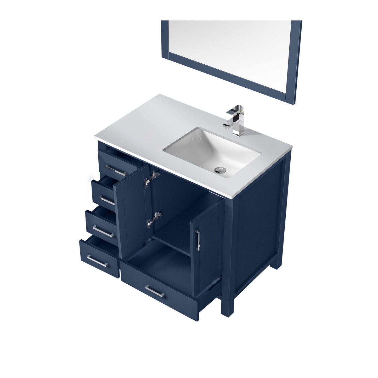 Jacques 36" Navy Blue Single Vanity, White Quartz Top, White Square Sink and 34" Mirror w/ Faucet - Right Version