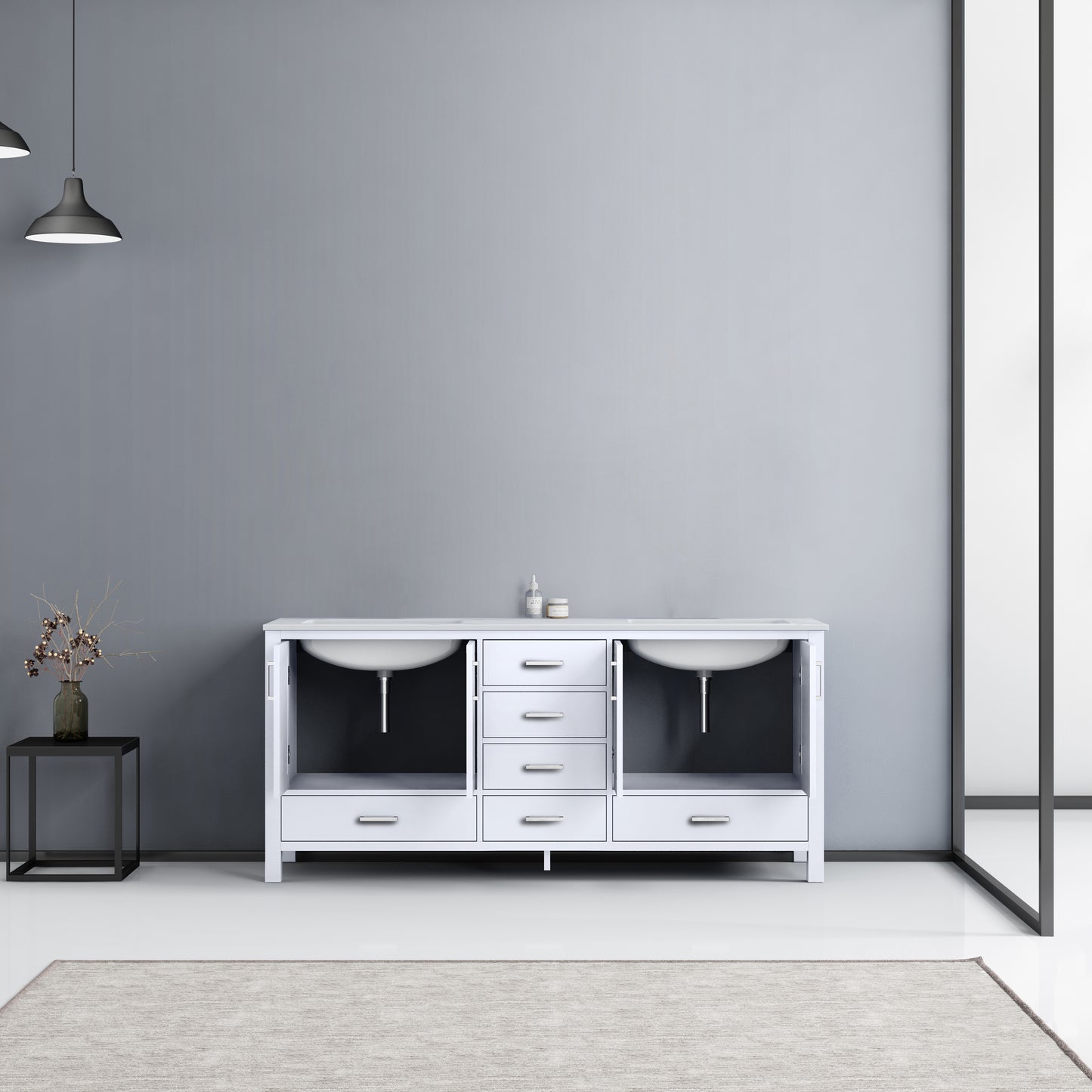 Jacques 72" White Double Vanity, White Carrara Marble Top, White Square Sinks and no Mirror