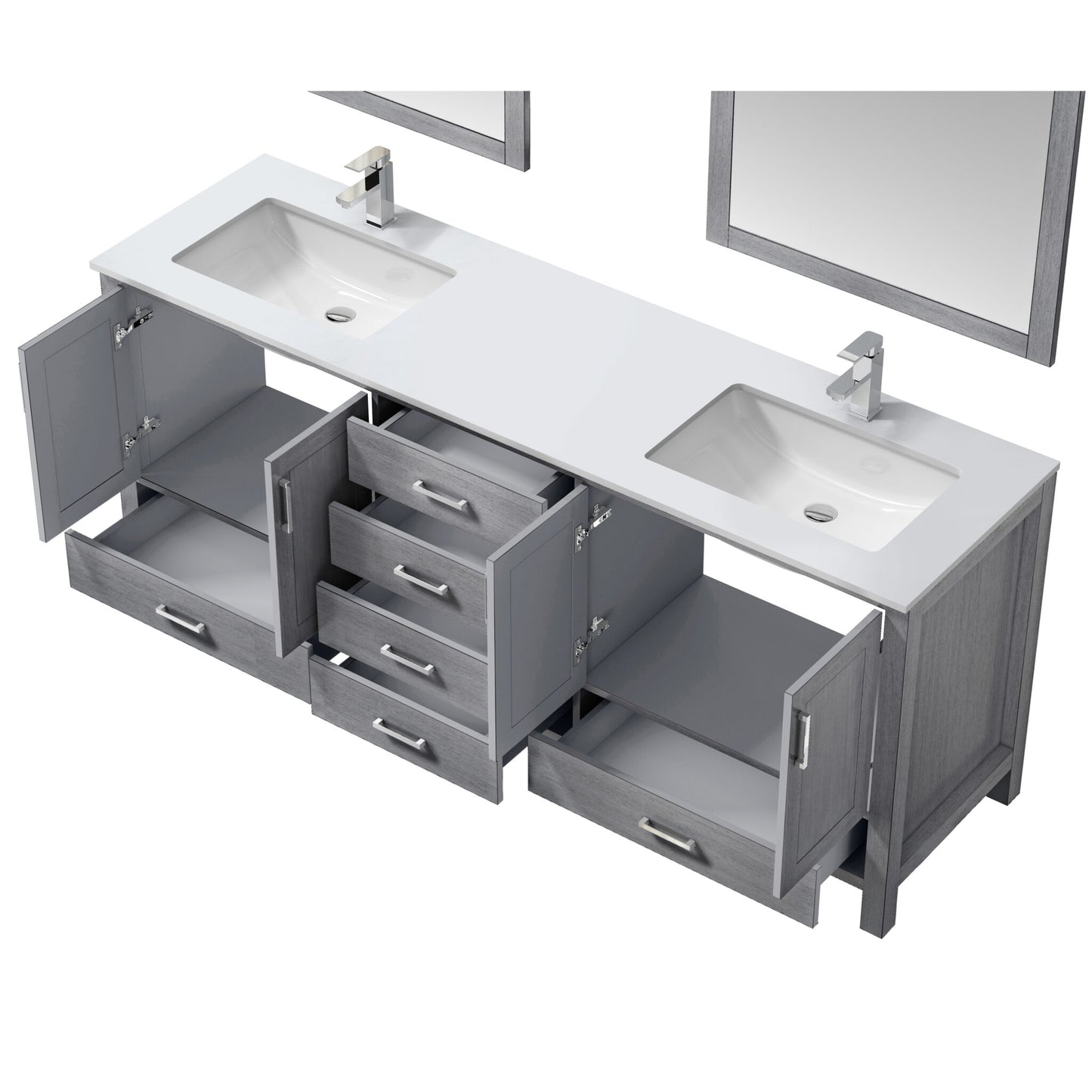 Jacques 80" Distressed Grey Double Vanity, White Quartz Top, White Square Sinks and 30" Mirrors w/ Faucets