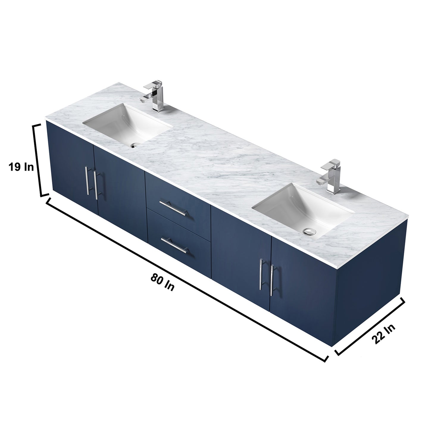 Geneva 80" Navy Blue Double Vanity, White Carrara Marble Top, White Square Sinks and 30" LED Mirrors w/ Faucets