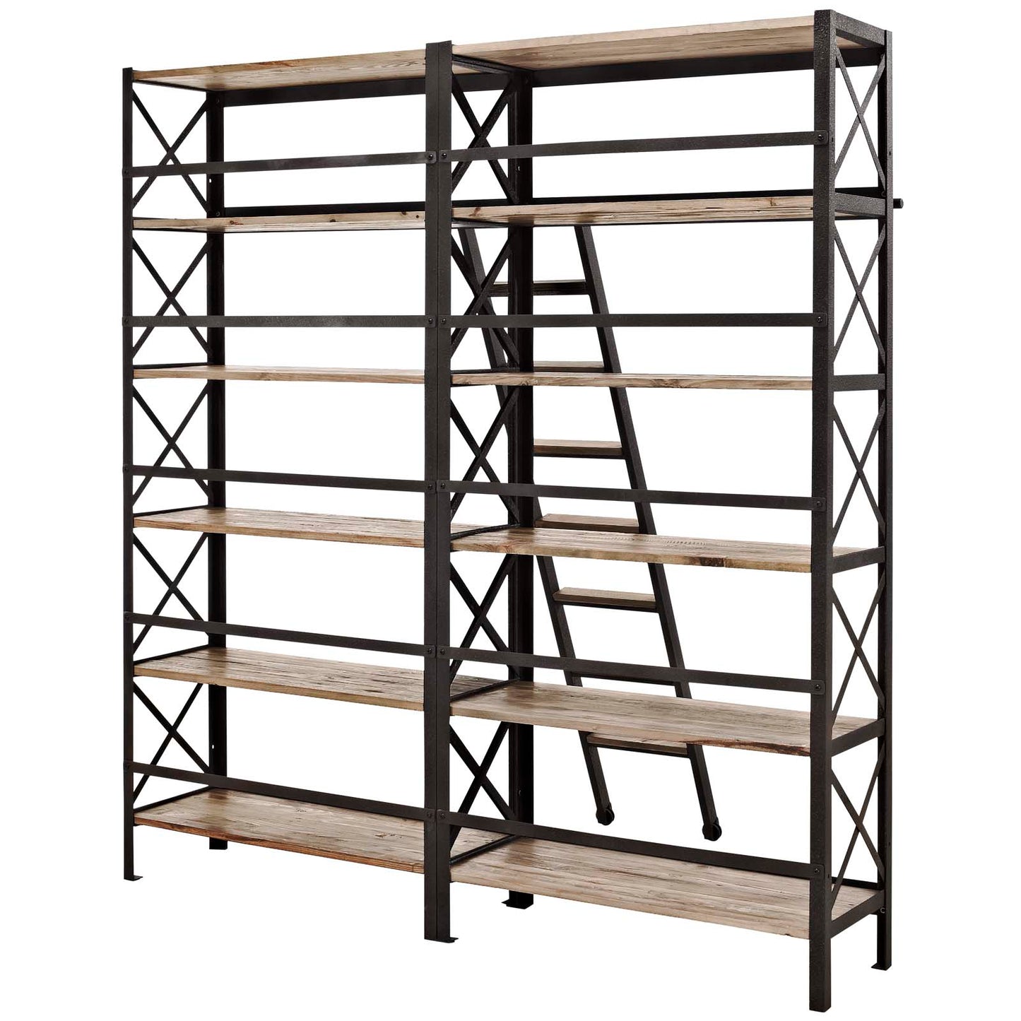 Modway Headway Industrial Modern Wood Bookshelf With Ladder in Brown