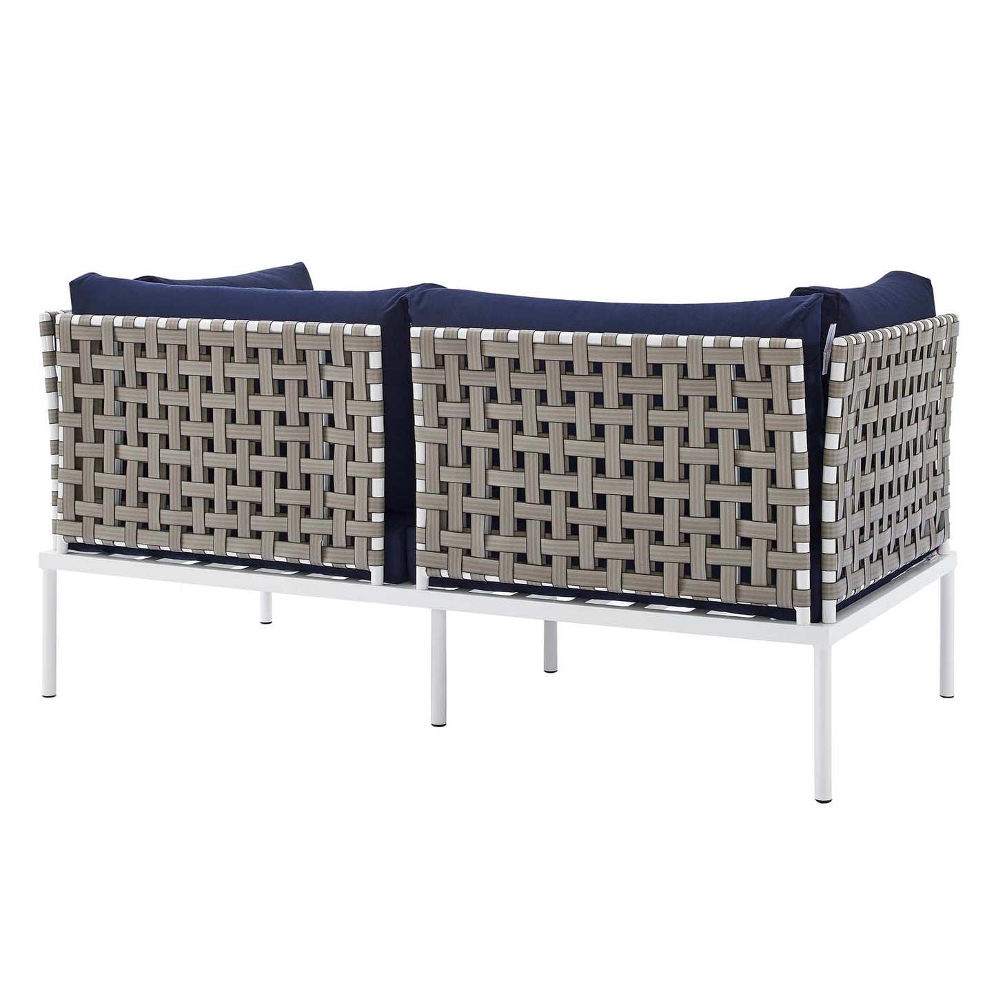 Modway EEI-4962-TAN-NAV Harmony Sunbrella Basket Weave Tan Navy Outdoor Patio Aluminum Loveseat