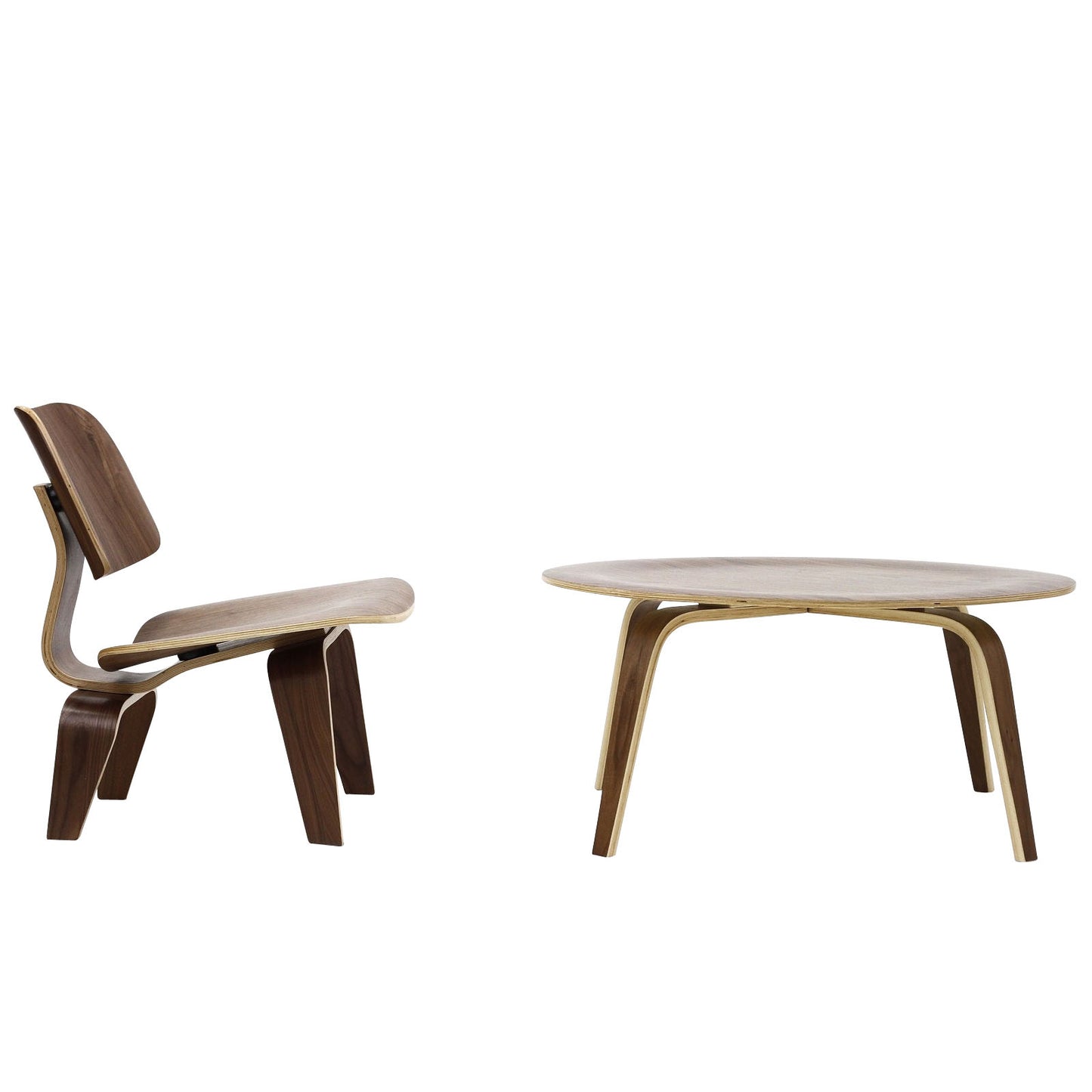 Modway Fathom Mid-Century Molded Plywood Lounge Accent Chair and Coffee Table in Walnut