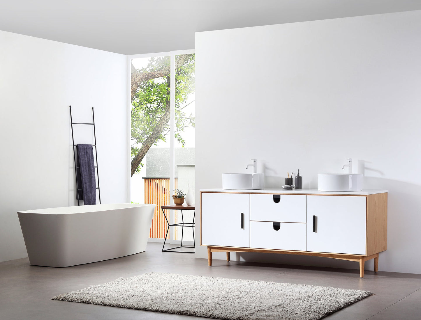 PORTREE 72” MATTE WHITE MID-CENTURY FREESTANDING BATHROOM VANITY