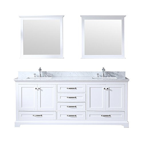 Lexora Dukes 80-inch White Double Vanity, White Carrara Marble Top, White Square Sinks and 30-inch Mirrors