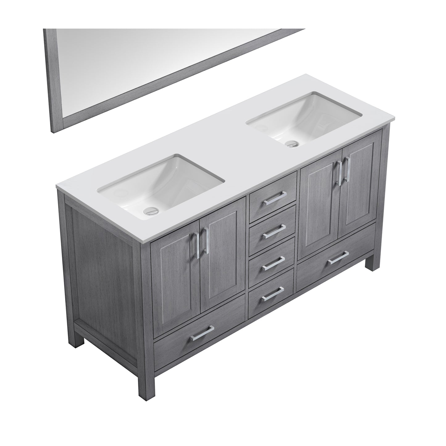 Jacques 60" Distressed Grey Double Vanity, White Quartz Top, White Square Sinks and 58" Mirror w/ Faucets