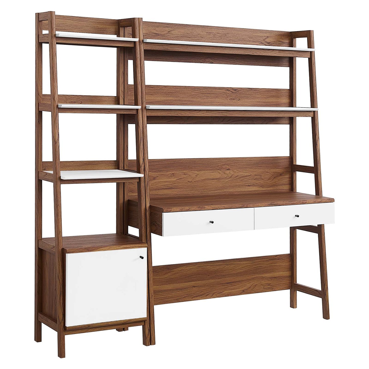 Modway 2-Piece Home Office Desk and Bookshelf Display Case in Walnut White
