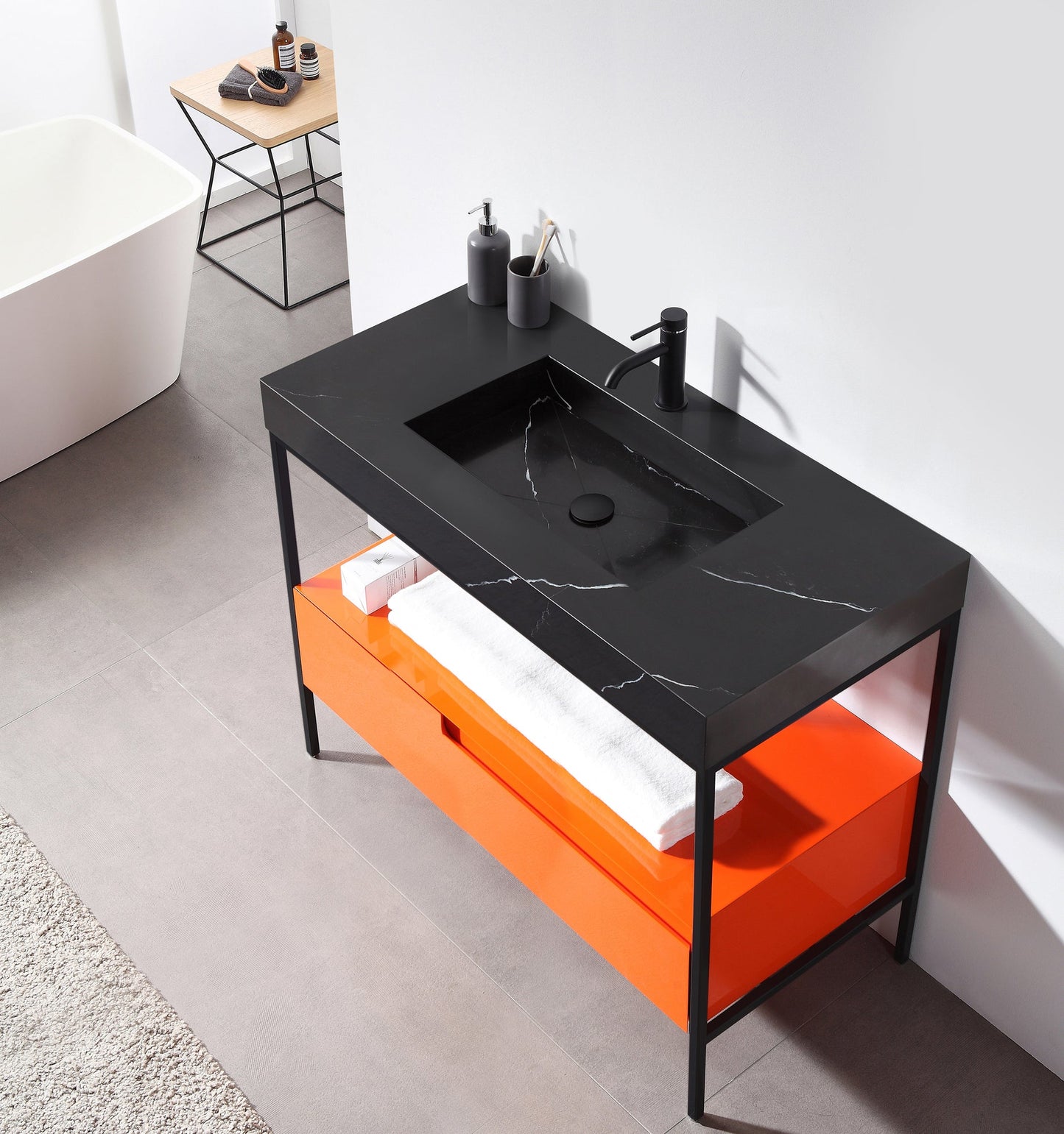 TEXEL 42” RED AMBER/BLACK INDUSTRIAL STYLE FREESTANDING BATHROOM VANITY