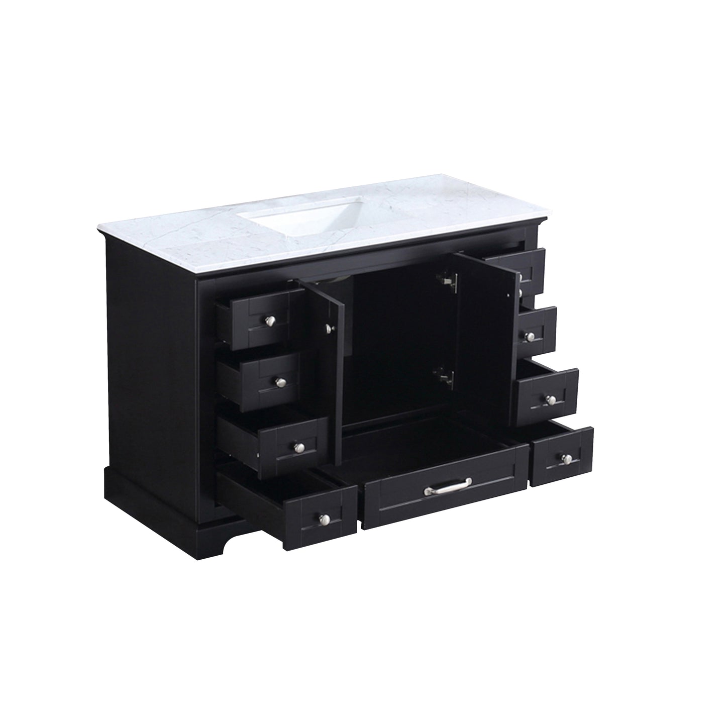 Dukes 48" Espresso Single Vanity, White Carrara Marble Top, White Square Sink and no Mirror