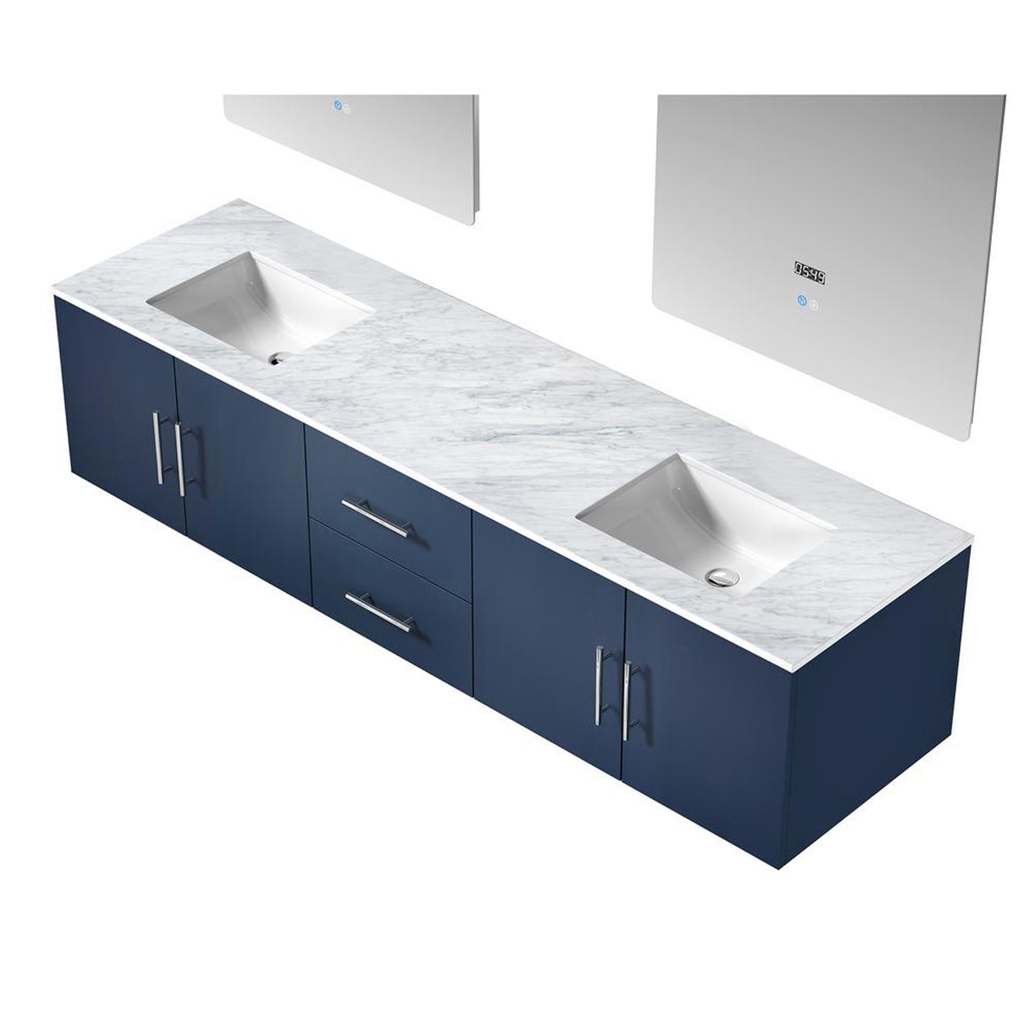 Geneva 80" Navy Blue Double Vanity, White Carrara Marble Top, White Square Sinks and 30" LED Mirrors