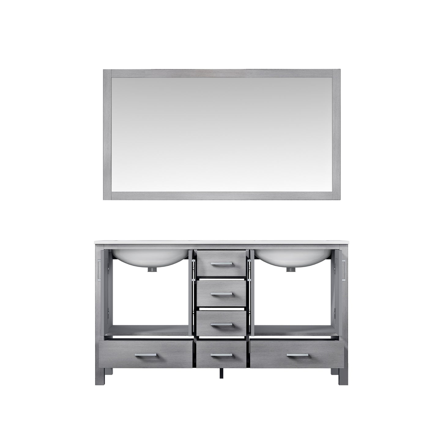 Jacques 60" Distressed Grey Double Vanity, White Quartz Top, White Square Sinks and 58" Mirror w/ Faucets