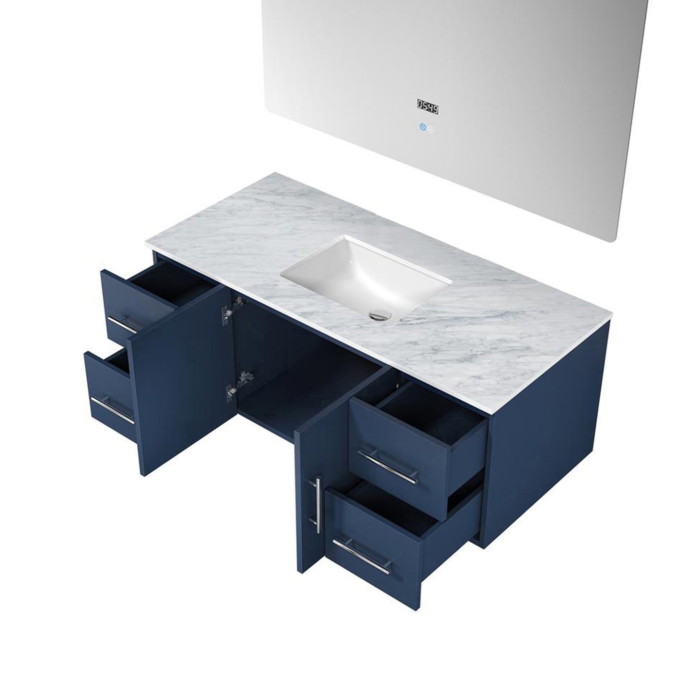 Geneva 48" Navy Blue Single Vanity, White Carrara Marble Top, White Square Sink and 48" LED Mirror