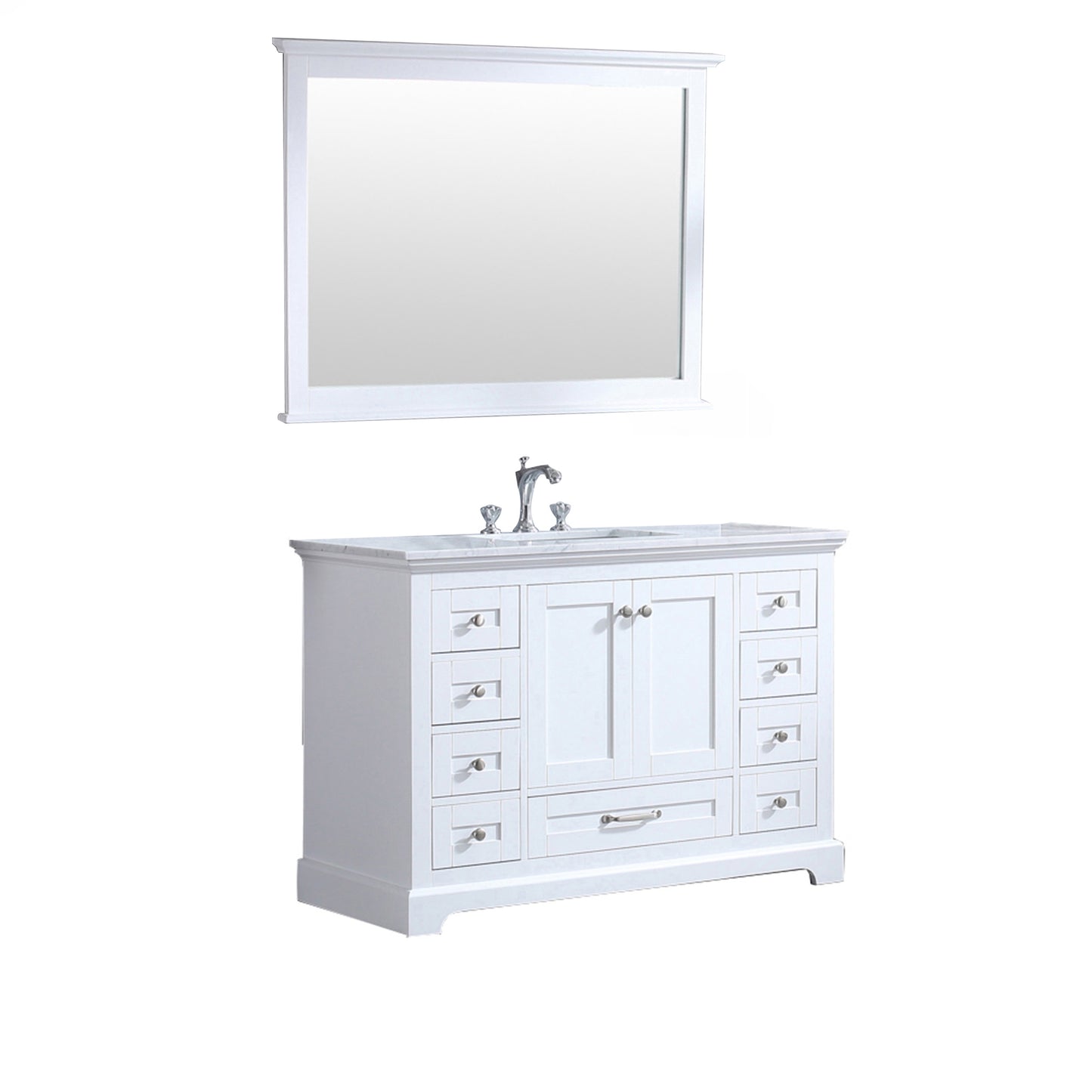 Dukes 48" White Single Vanity, White Carrara Marble Top, White Square Sink and 46" Mirror w/ Faucet