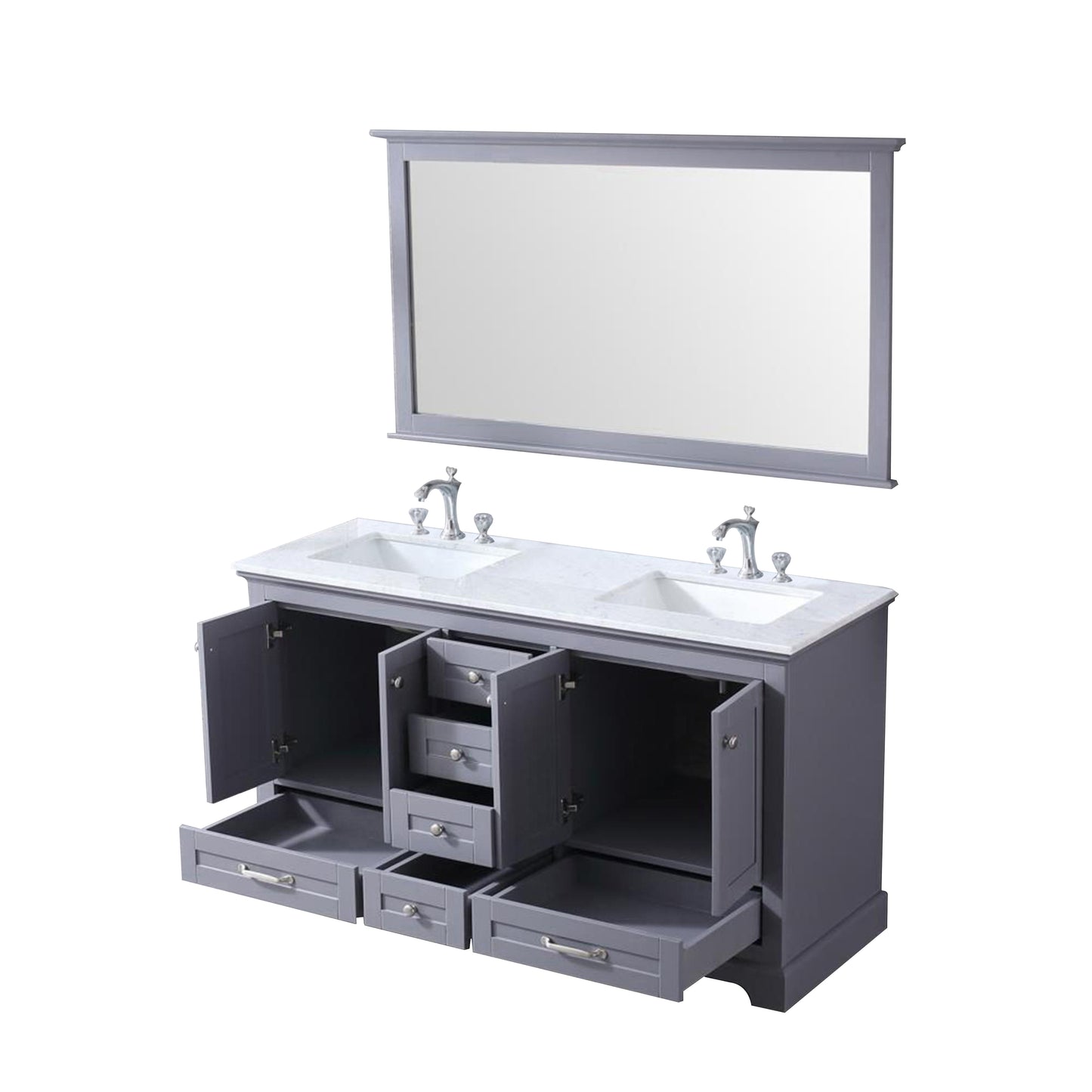 Dukes 60" Dark Grey Double Vanity, White Carrara Marble Top, White Square Sinks and 58" Mirror w/ Faucets